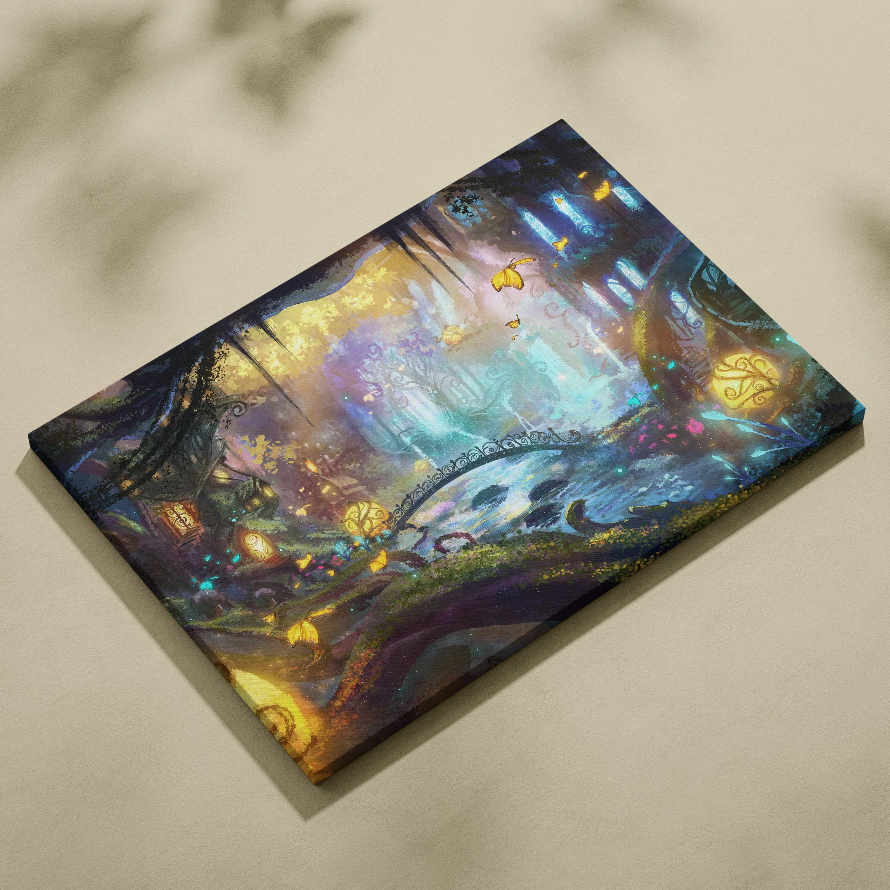 A rectangular canvas print of an enchanted forest fairy landscape with glowing lanterns and vibrant fantasy art