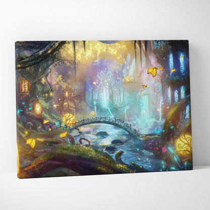 Enchanted forest fairy canvas art featuring a glowing arched bridge over a stream with lanterns and vibrant colors