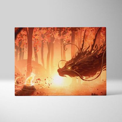 Rectangular canvas print of a stylized dragon with glowing orange eyes facing a white fox in an autumn forest setting