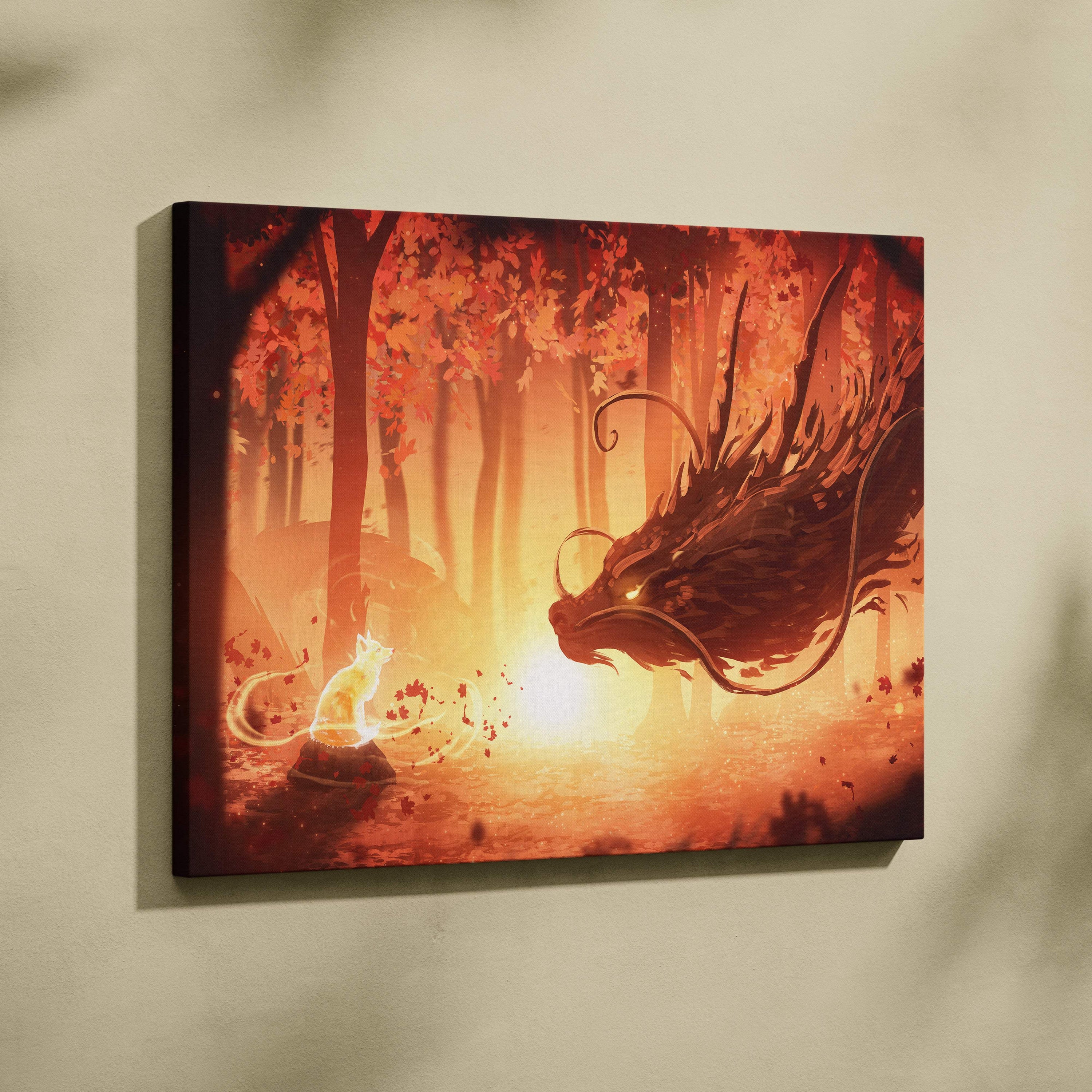 Rectangular canvas print of a fiery orange and red forest featuring a glowing fox and mystic dragon digital art