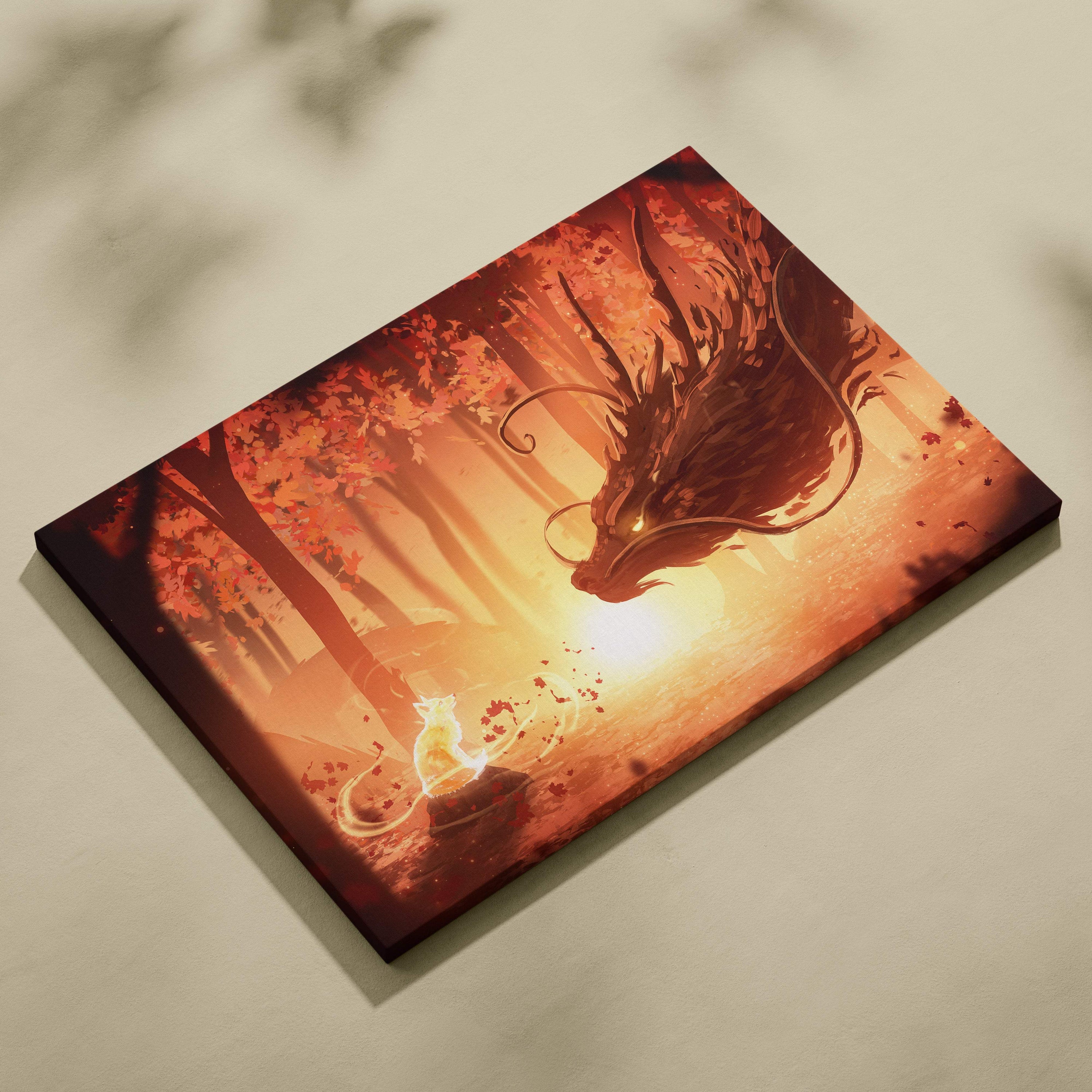 Rectangular canvas print featuring a stylized dragon with glowing eyes in an orange forest digital fantasy art