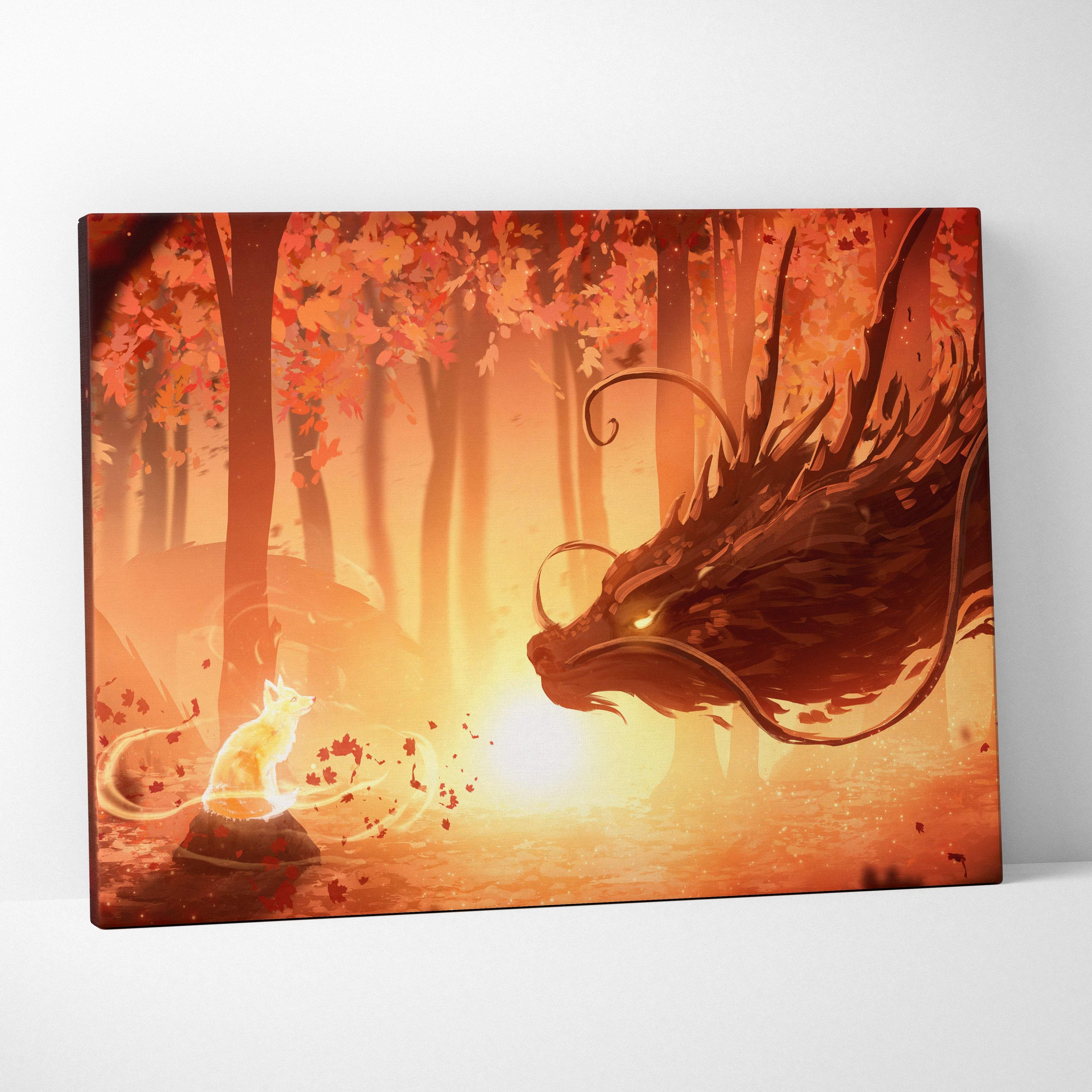 Rectangular canvas print of fiery orange and red forest with glowing fox facing a majestic dragon in autumn spirit art