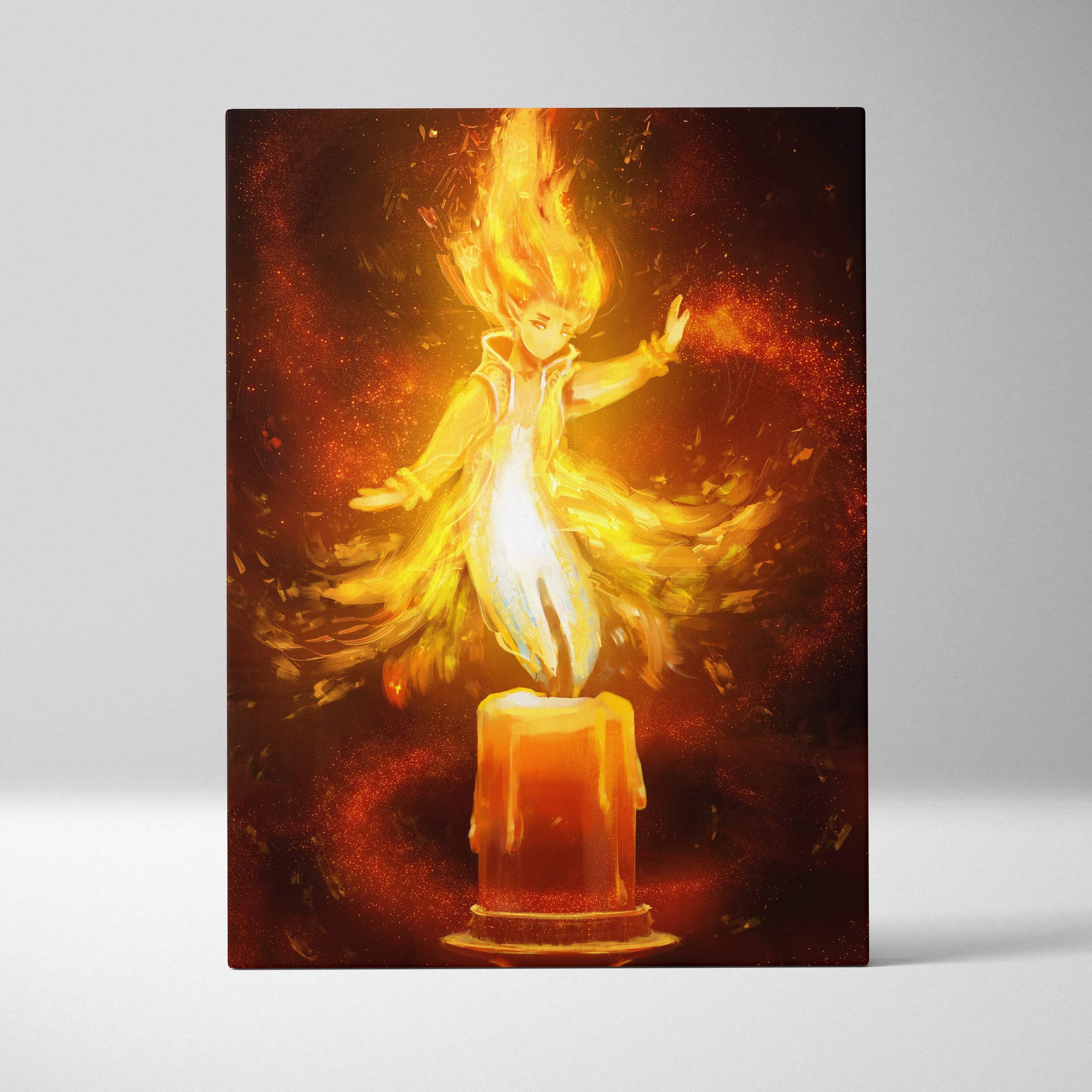 A digital wall art showing a glowing flame-haired figure standing on an orange candle with molten wax drips
