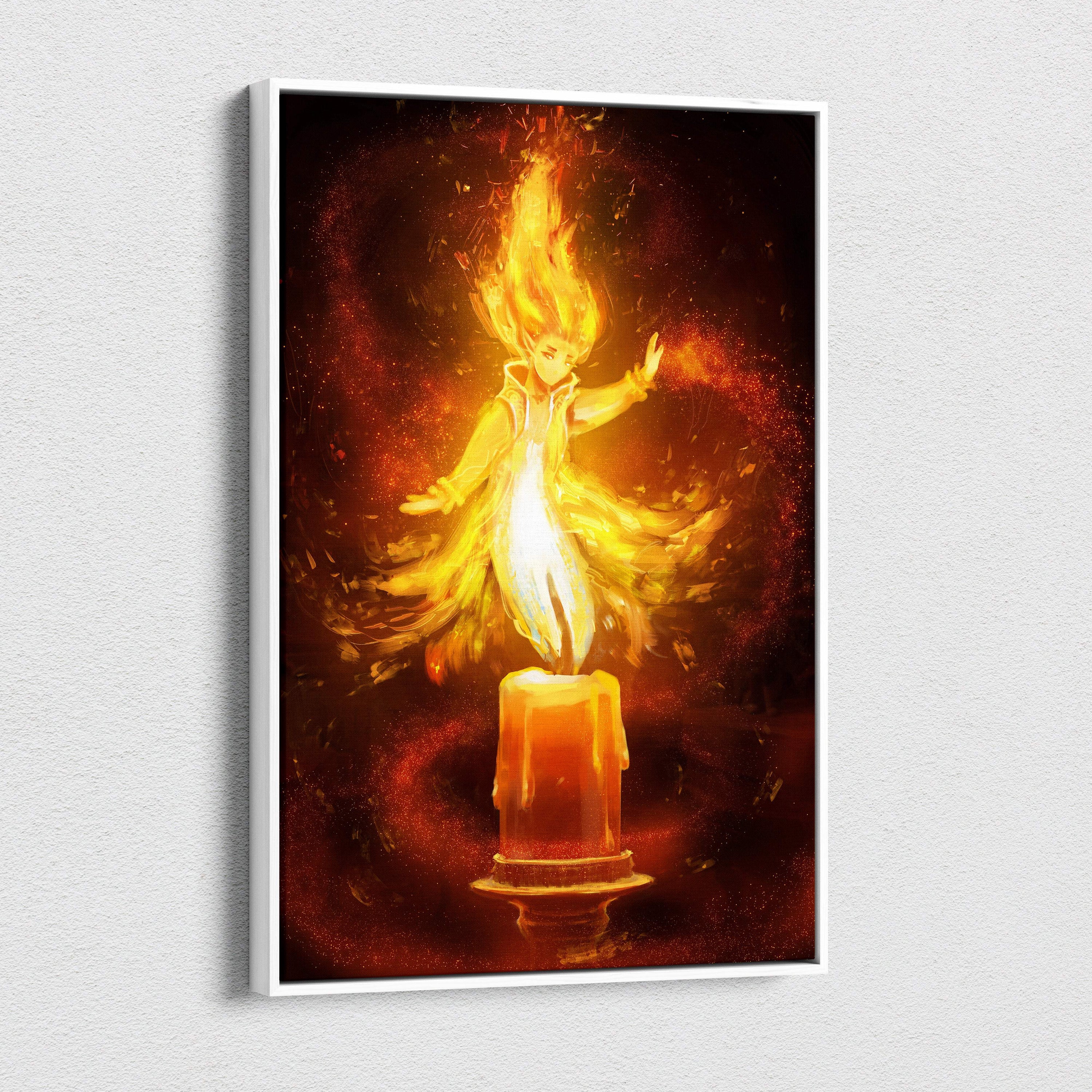 A framed canvas wall art showing a fiery golden-haired anime figure standing on an orange candle with glowing flames