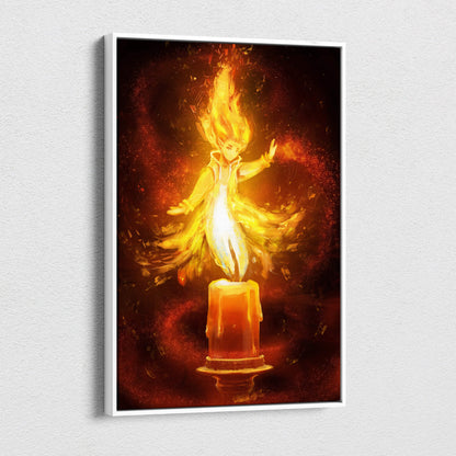A framed canvas wall art showing a fiery golden-haired anime figure standing on an orange candle with glowing flames