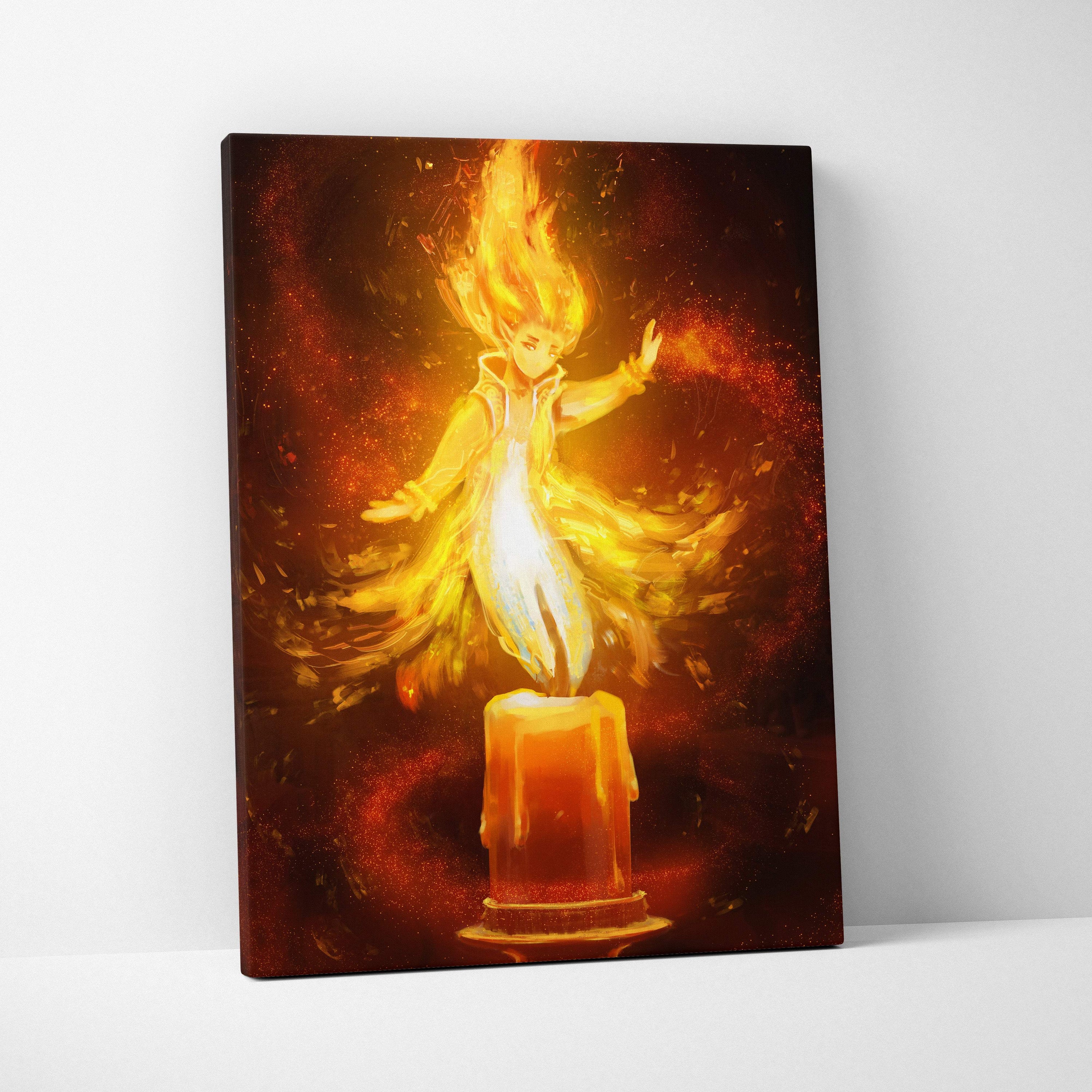 A vibrant canvas print of an anime-style figure in fiery orange and yellow flames standing on a glowing candle