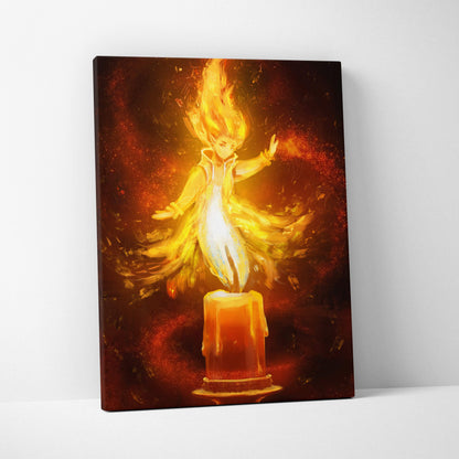 A vibrant canvas print of an anime-style figure in fiery orange and yellow flames standing on a glowing candle