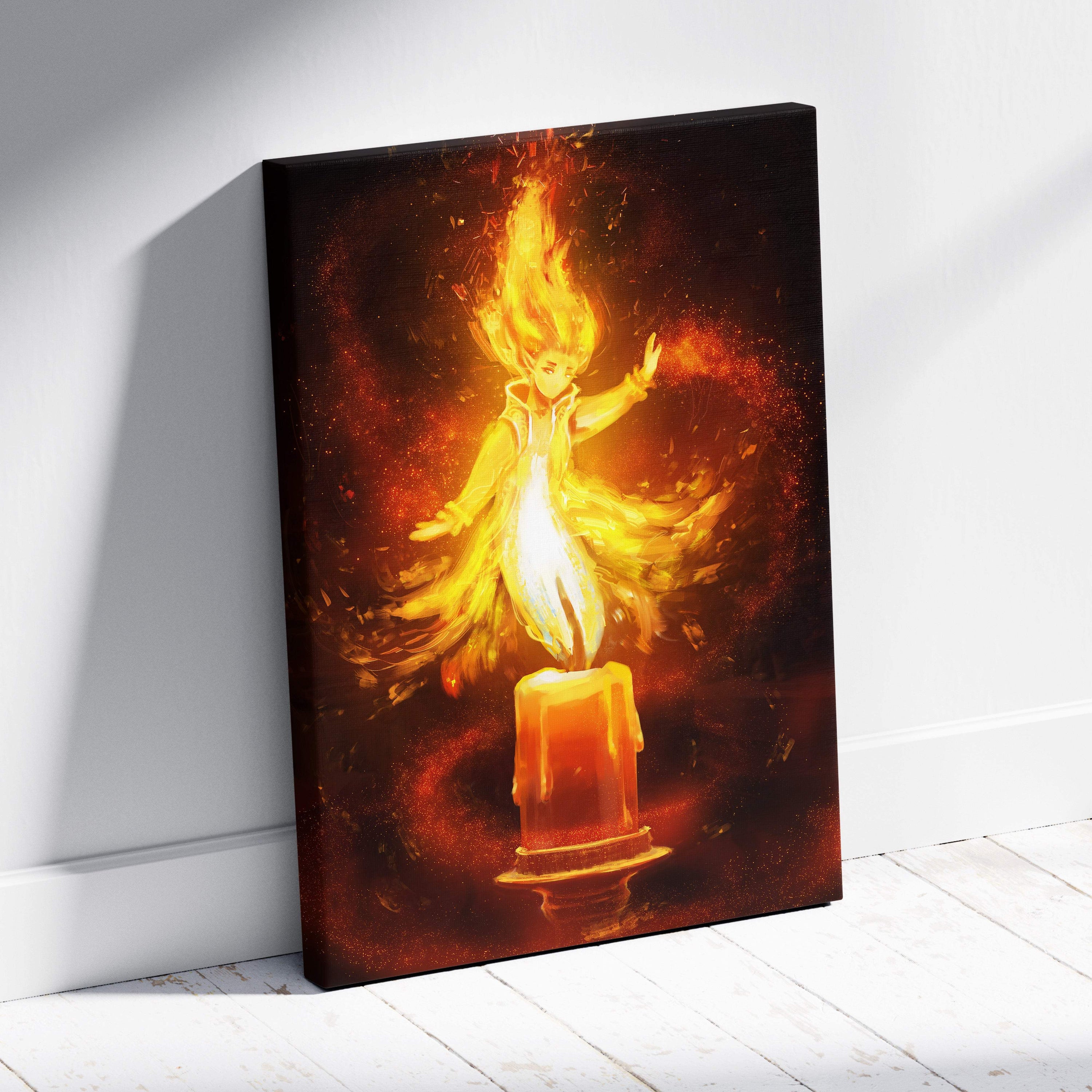 A vibrant canvas print of a fiery golden anime figure with glowing flames on an ornate candle against red background