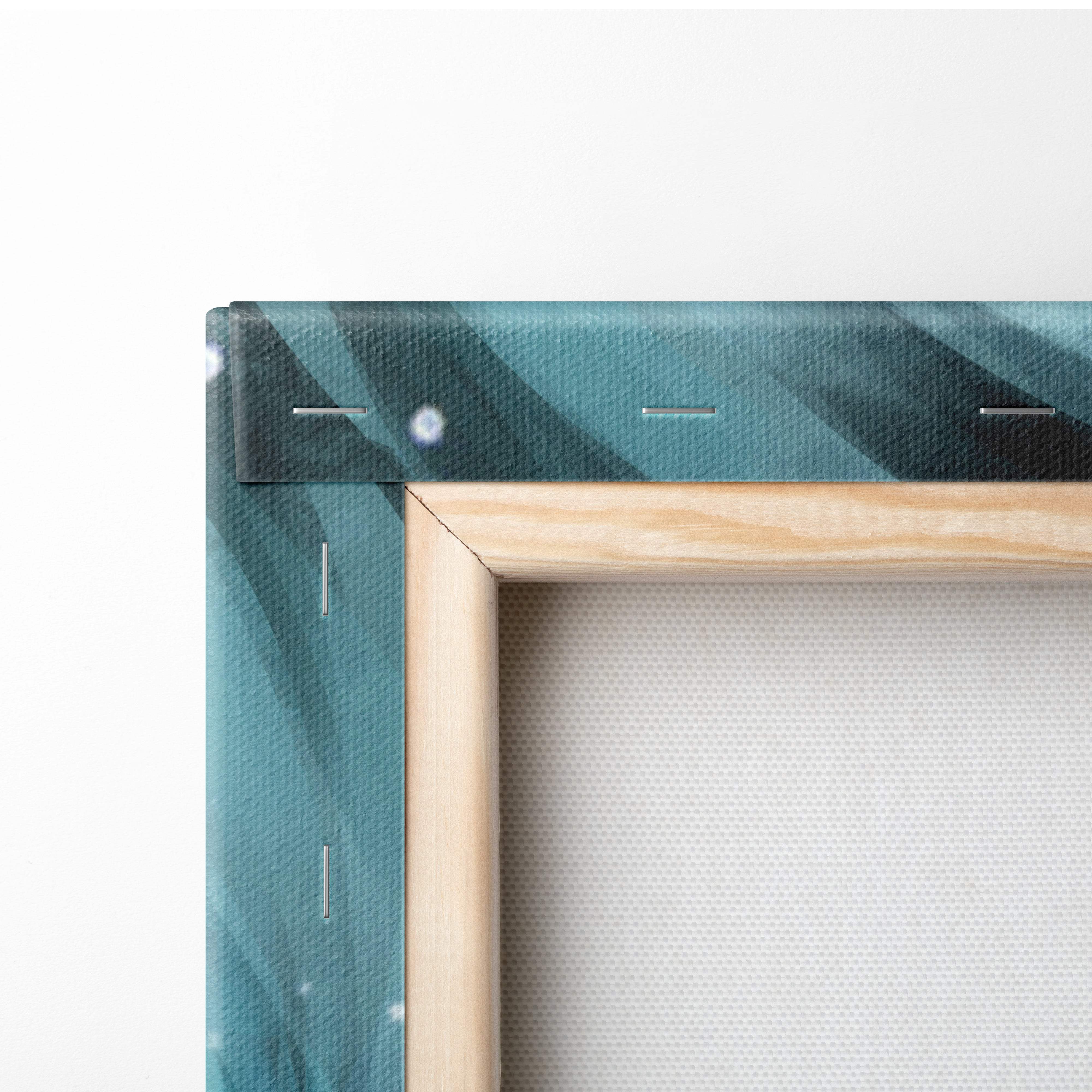 Teal canvas print with diagonal stripes framed in light wood for mystic moon sorceress ethereal blue fantasy art