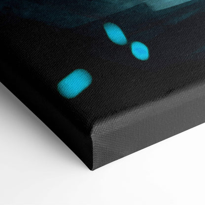 Mystic moon sorceress canvas art featuring abstract teal blue circular shapes on black canvas for fantasy decor