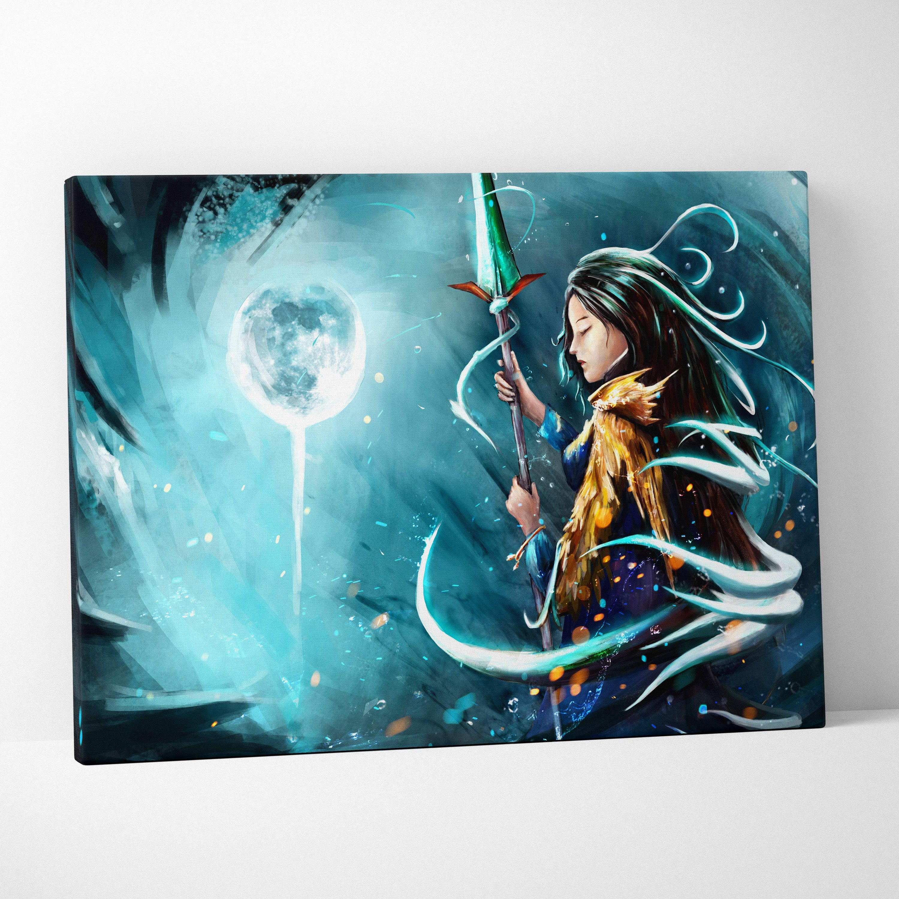 Mystic moon sorceress canvas art featuring a mystical woman with green spear on teal and blue fantasy background