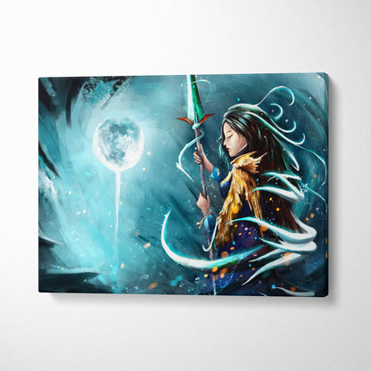 Mystic moon sorceress canvas art featuring a vibrant blue fantasy warrior with golden armor and glowing green spear on cosmic background