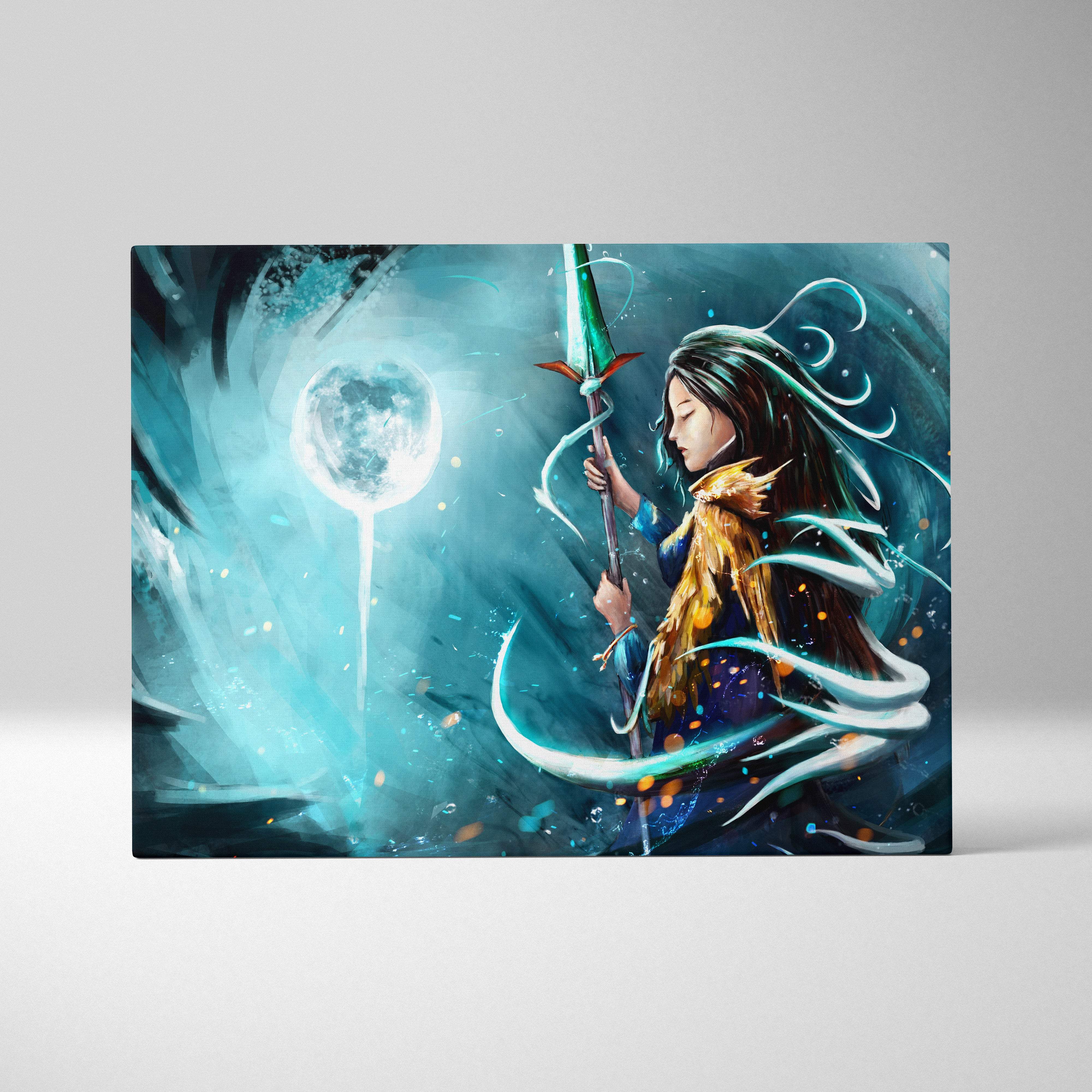 Mystic moon sorceress canvas art featuring a fantasy warrior with golden armor and glowing green sword on cosmic backdrop