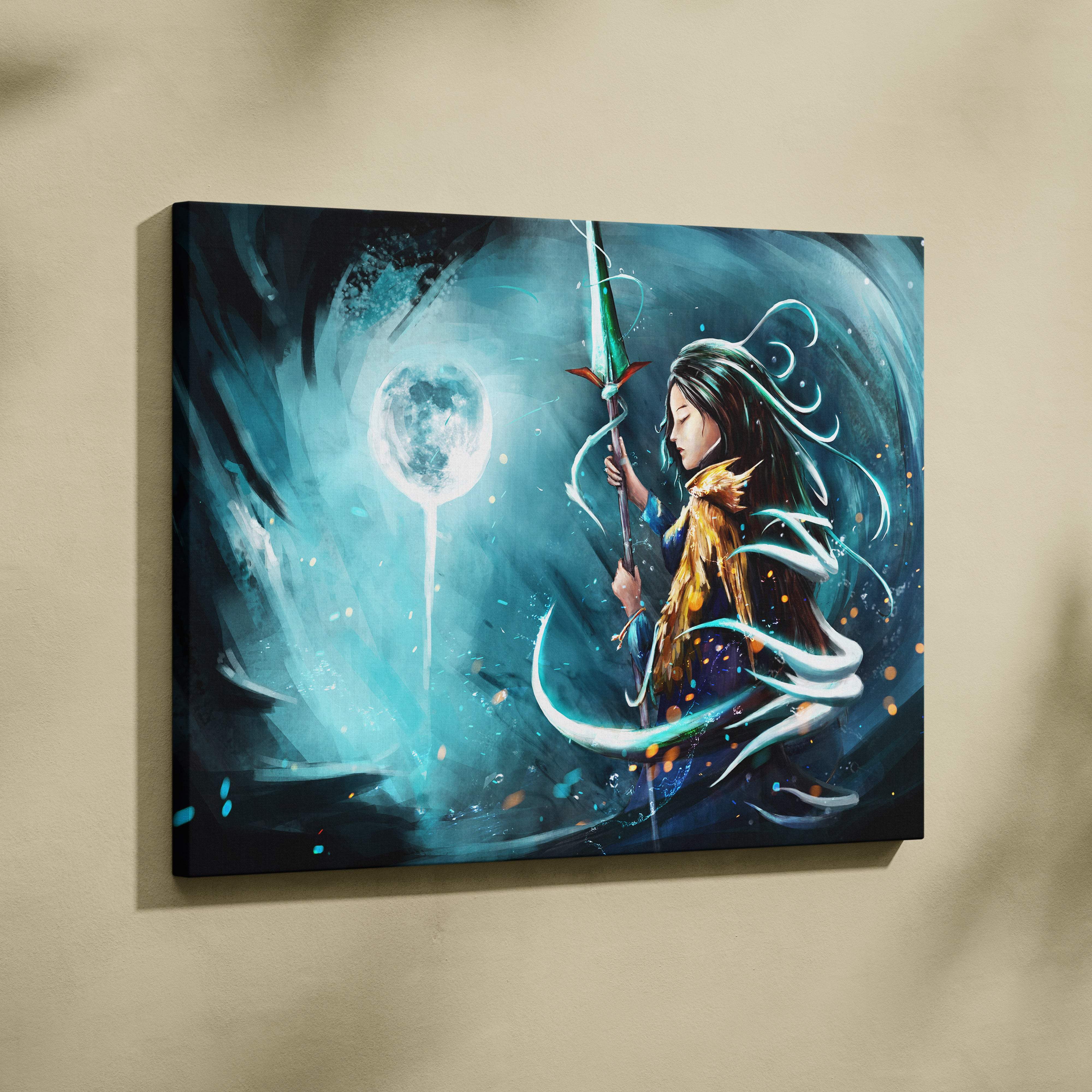 A vibrant fantasy canvas print of a mystical woman with long dark hair holding a glowing staff in teal and blue cosmic energy