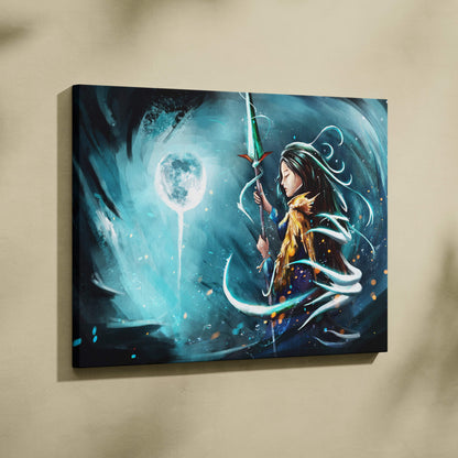 A vibrant fantasy canvas print of a mystical woman with long dark hair holding a glowing staff in teal and blue cosmic energy