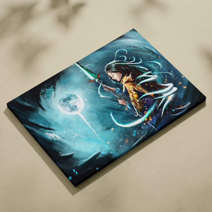 Mystic moon sorceress canvas art featuring a vibrant warrior with dark hair and green spear on a blue cosmic backdrop