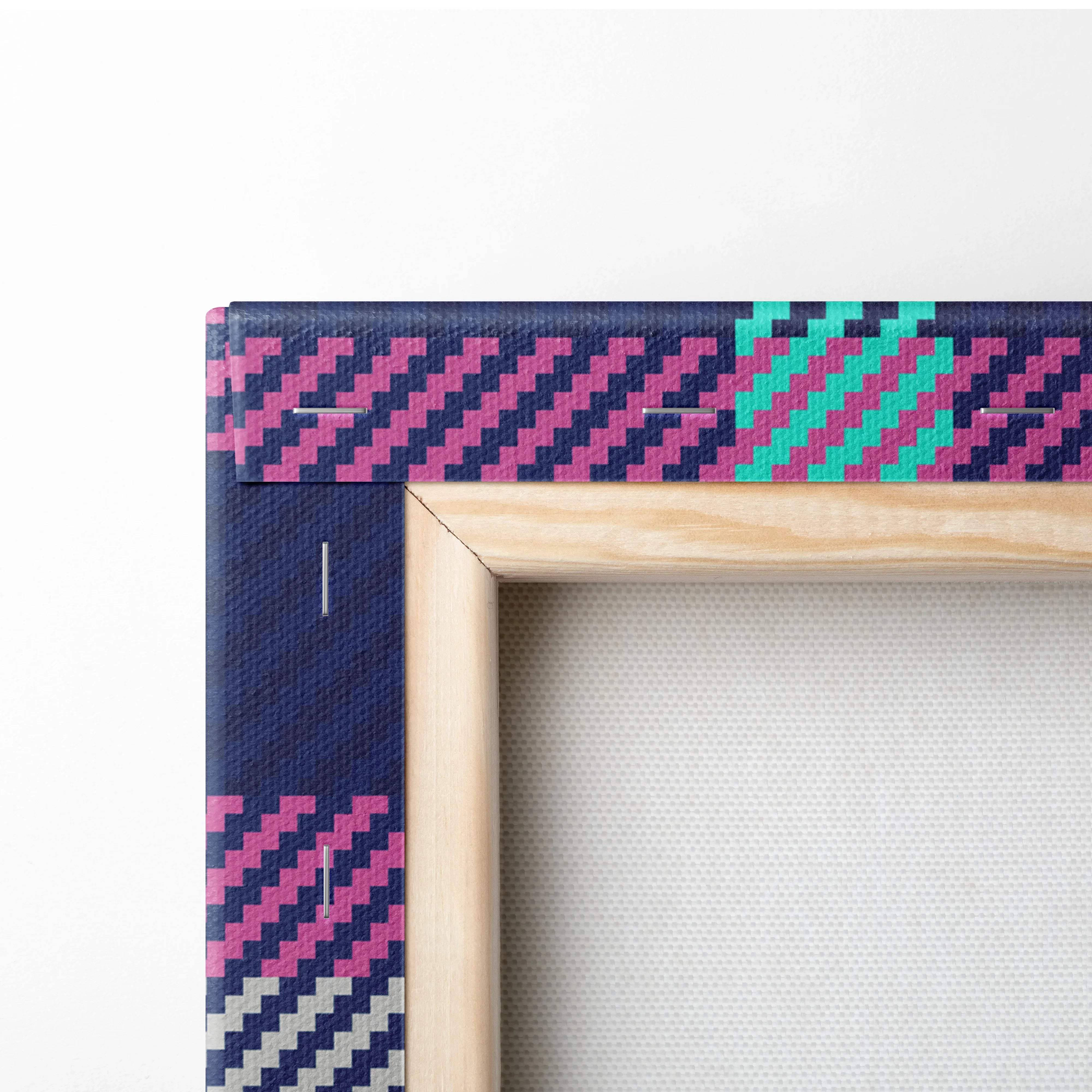 Seamless navy plaid tartan canvas wall art with pink teal zigzag stripes