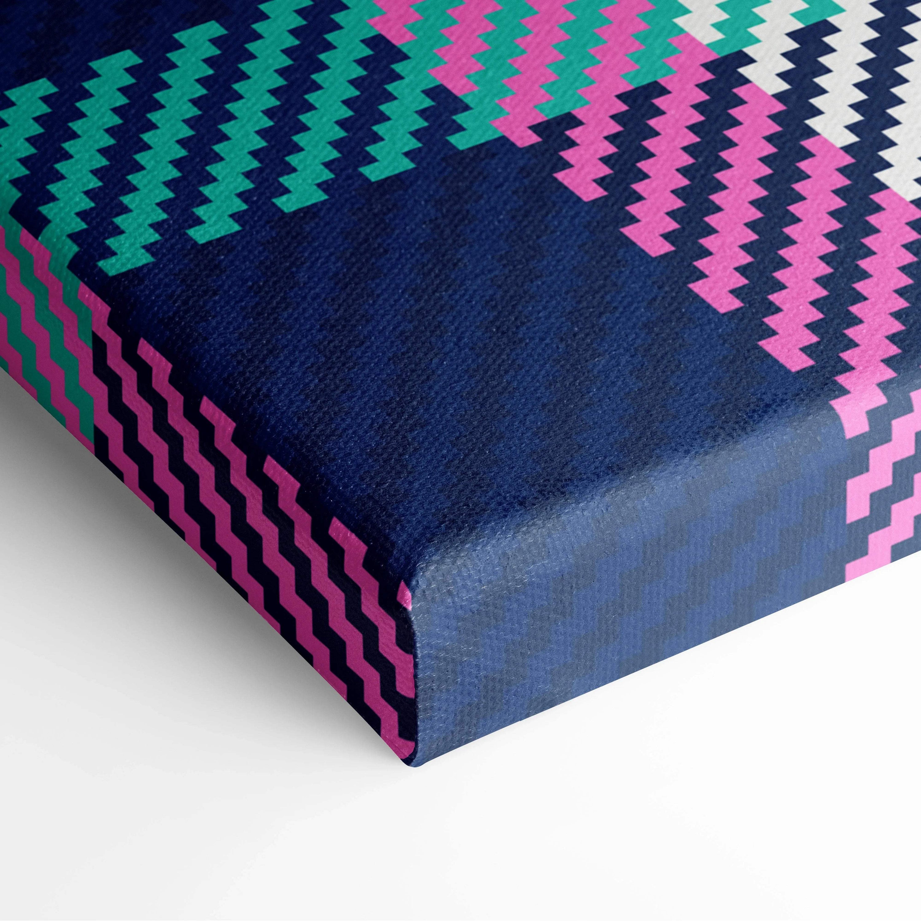 Seamless navy plaid tartan canvas wall art with pink teal white zigzags