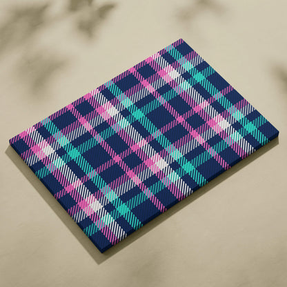 Seamless navy plaid tartans canvas wall art with pink teal stripes