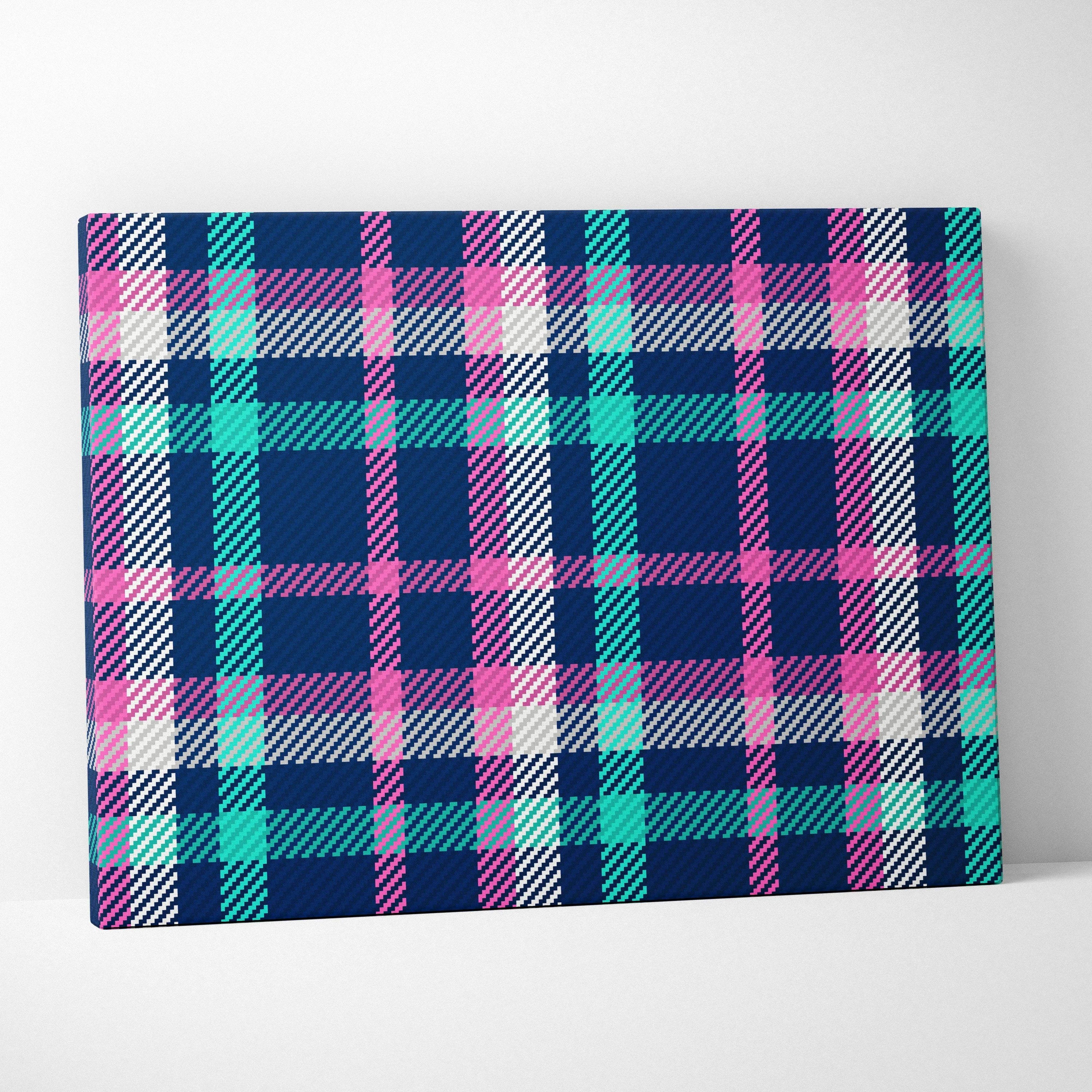 Vibrant navy plaid tartan canvas wall art with pink teal white textured woven look