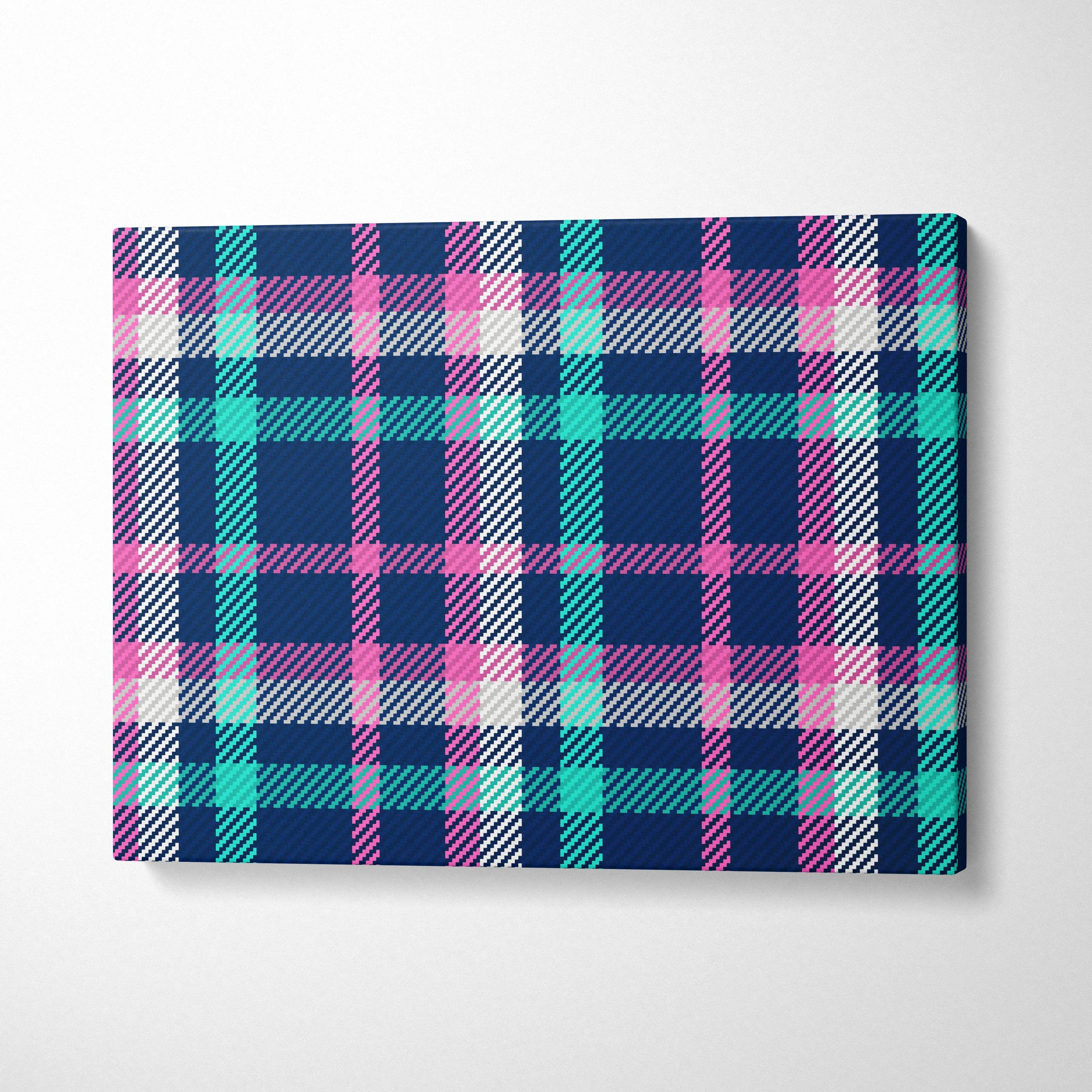 Seamless navy plaid tartans canvas wall art with pink teal white textured woven cozy preppy look