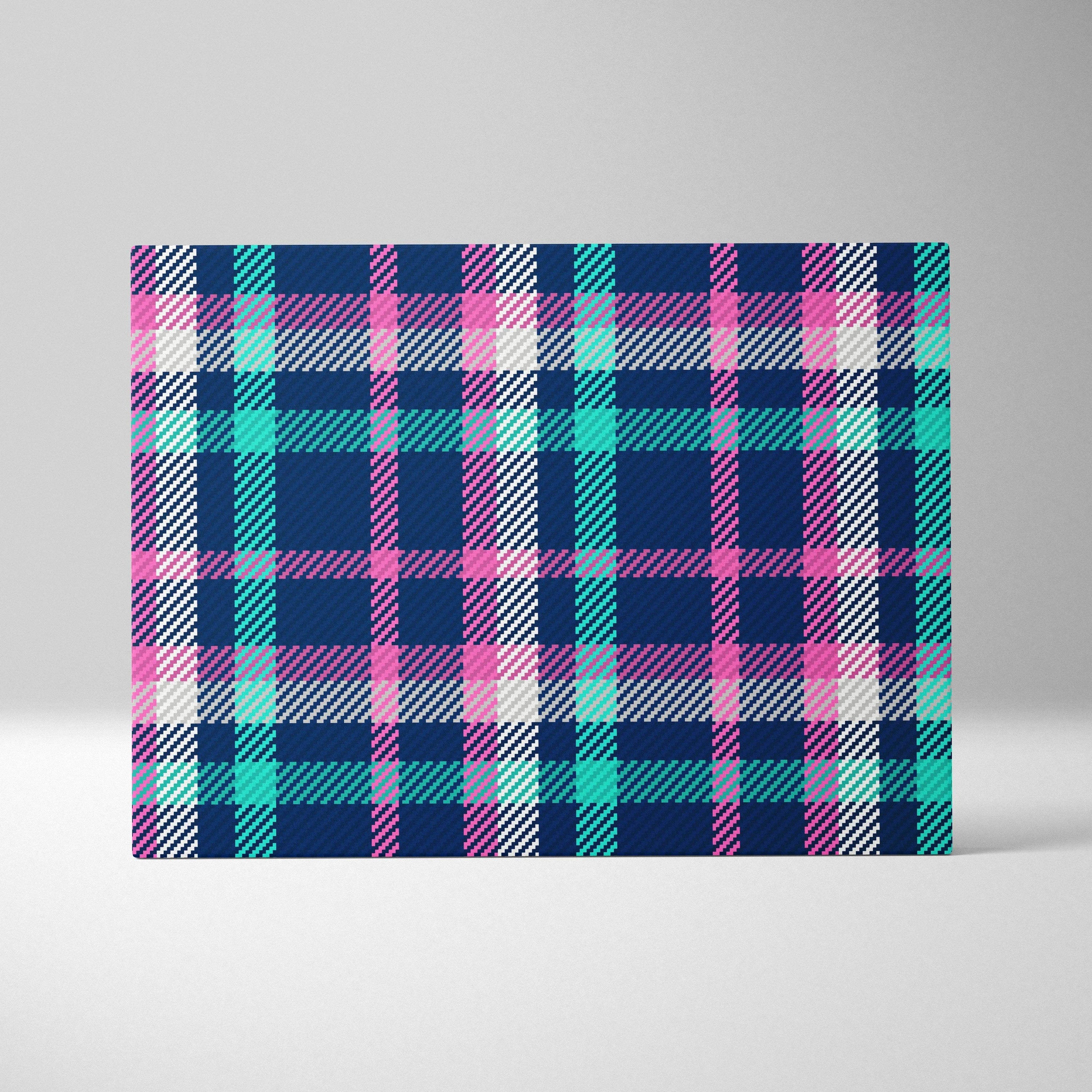Seamless navy plaid tartan canvas wall art with pink teal white textured woven look