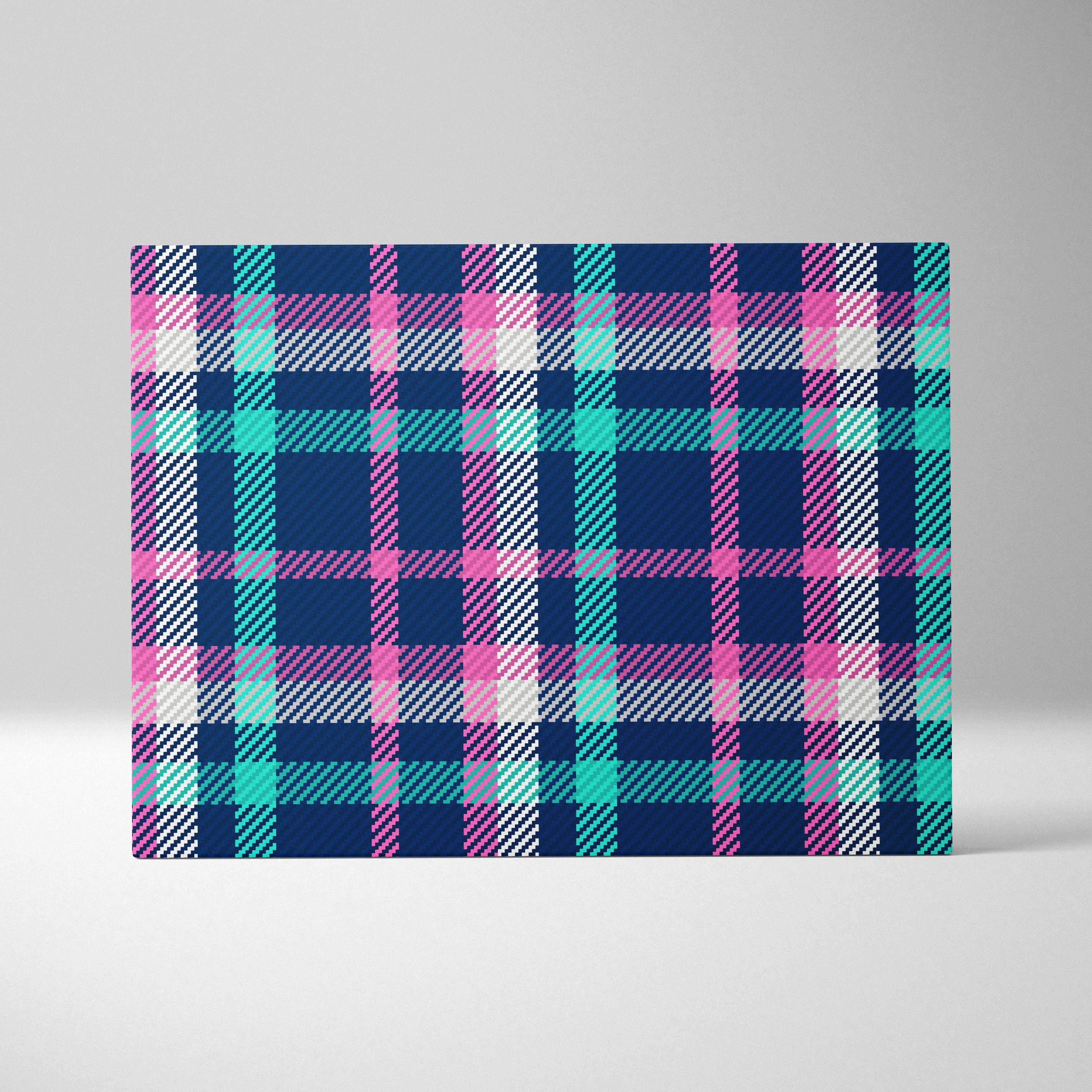 Seamless navy plaid tartan canvas wall art with pink teal white textured woven look