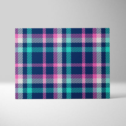 Seamless navy plaid tartan canvas wall art with pink teal white textured woven look