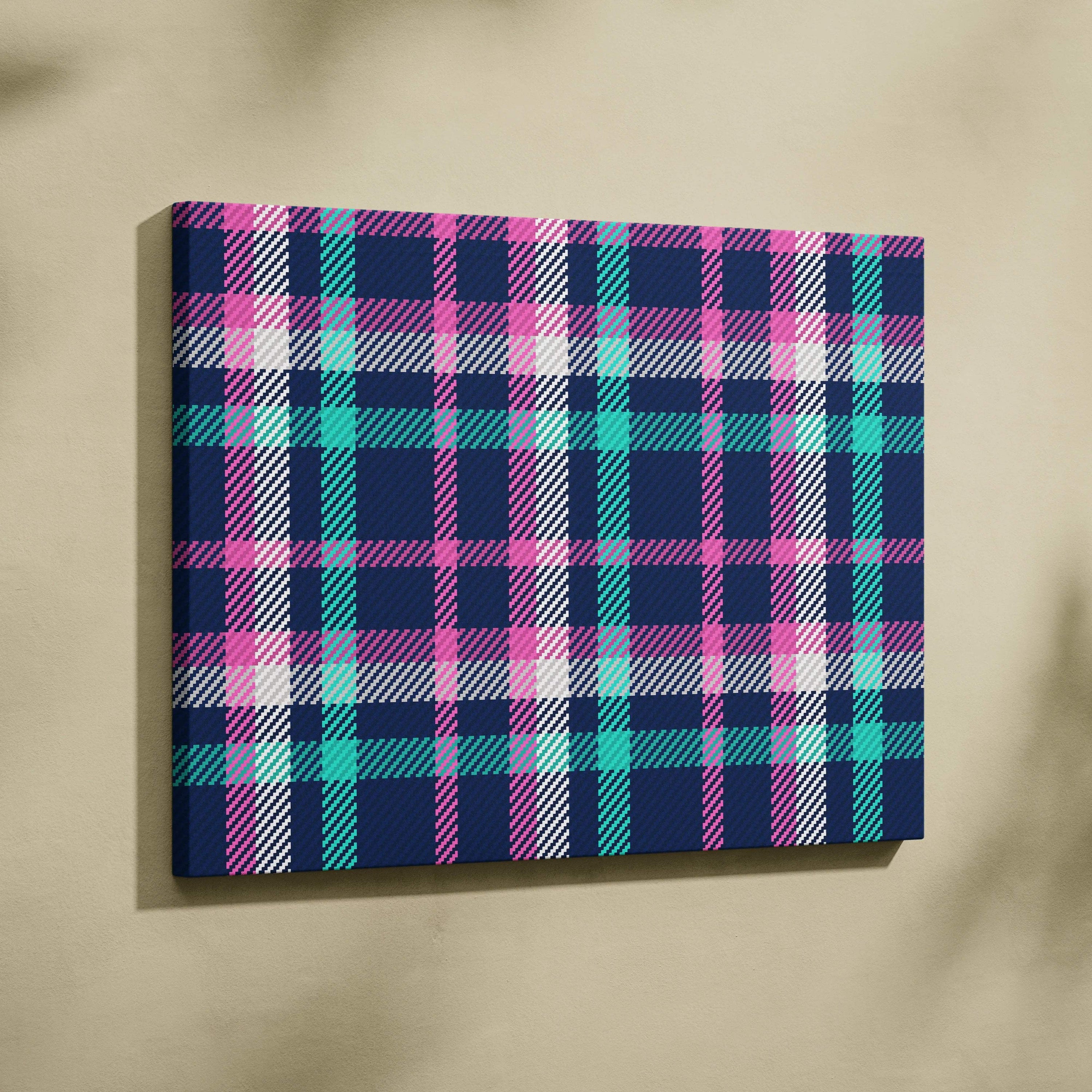 Seamless navy plaid tartans canvas wall art with pink teal white woven texture
