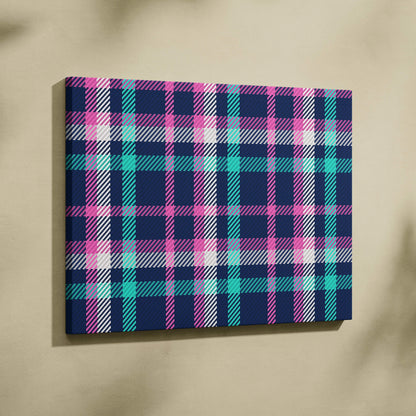 Seamless navy plaid tartans canvas wall art with pink teal white woven texture