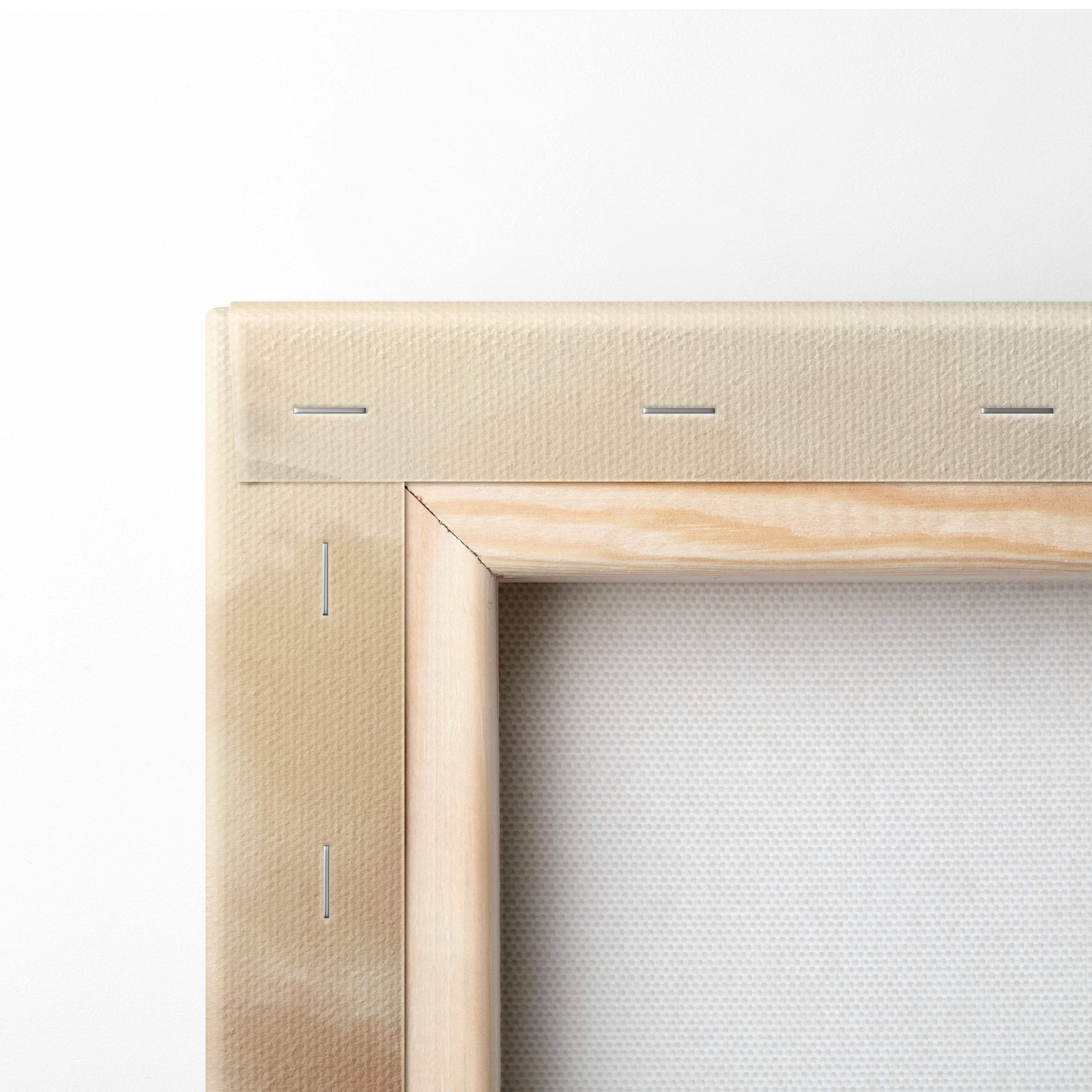 Back of a fantasy warrior canvas print showing light wood frame beige textured fabric with visible stitching edges