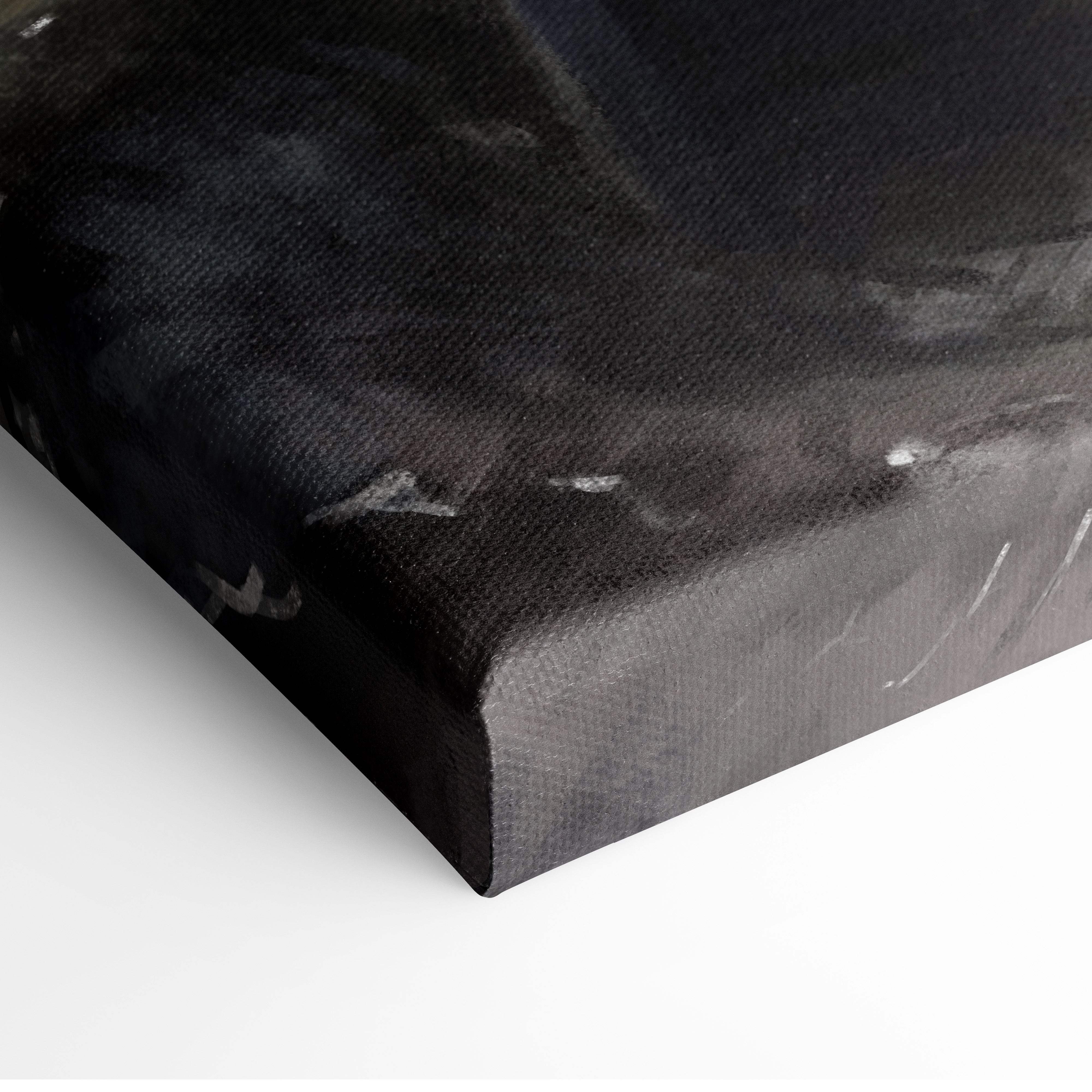 Fantasy warrior canvas print of silver armored knight with black textured surface and subtle white brushstroke accents