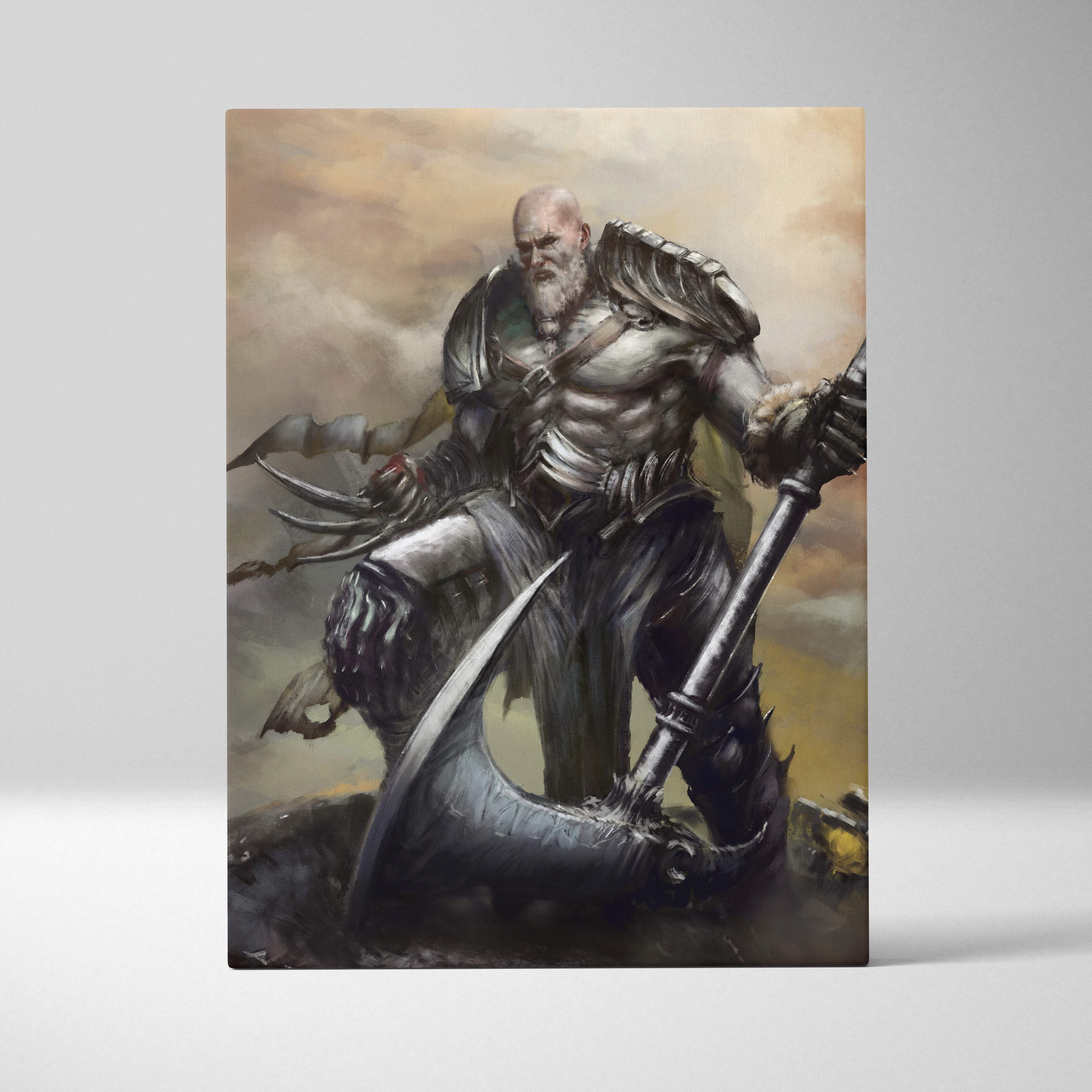 Fantasy warrior canvas print featuring a muscular bald knight with white beard in dark armor holding a black and silver battle axe