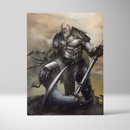 Fantasy warrior canvas print featuring a muscular bald knight with white beard in dark armor holding a black and silver battle axe