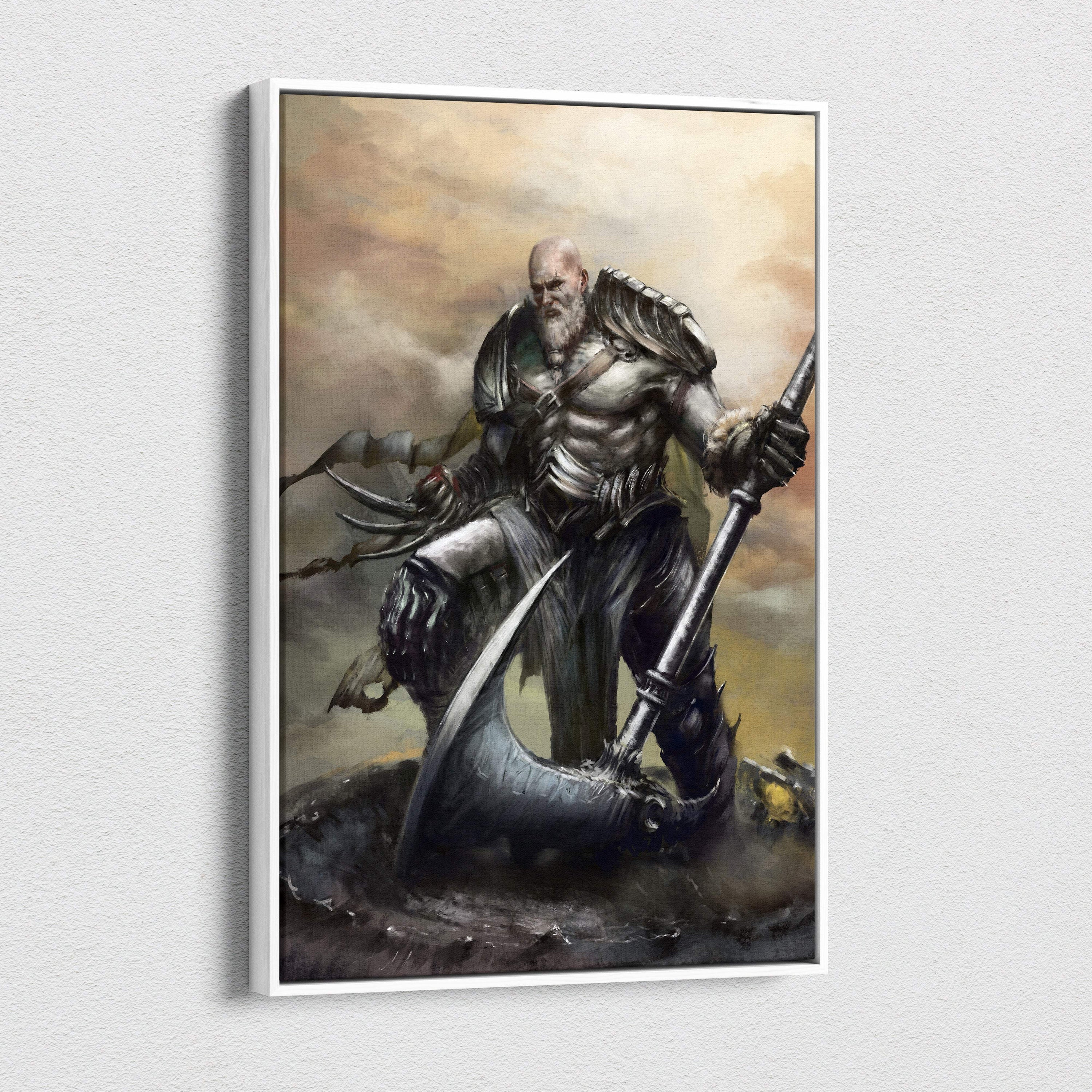 A framed canvas print of a muscular bald warrior with white beard in dark armor holding a large curved sword