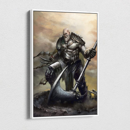 A framed canvas print of a muscular bald warrior with white beard in dark armor holding a large curved sword