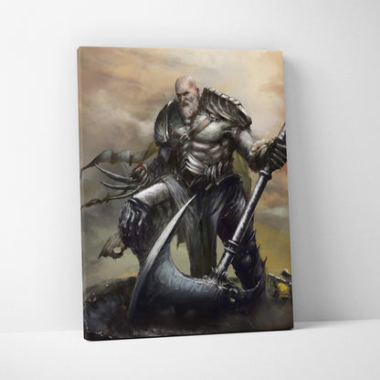 A fantasy warrior canvas print featuring a muscular bald knight in silver armor wielding an axe and weapon aloft