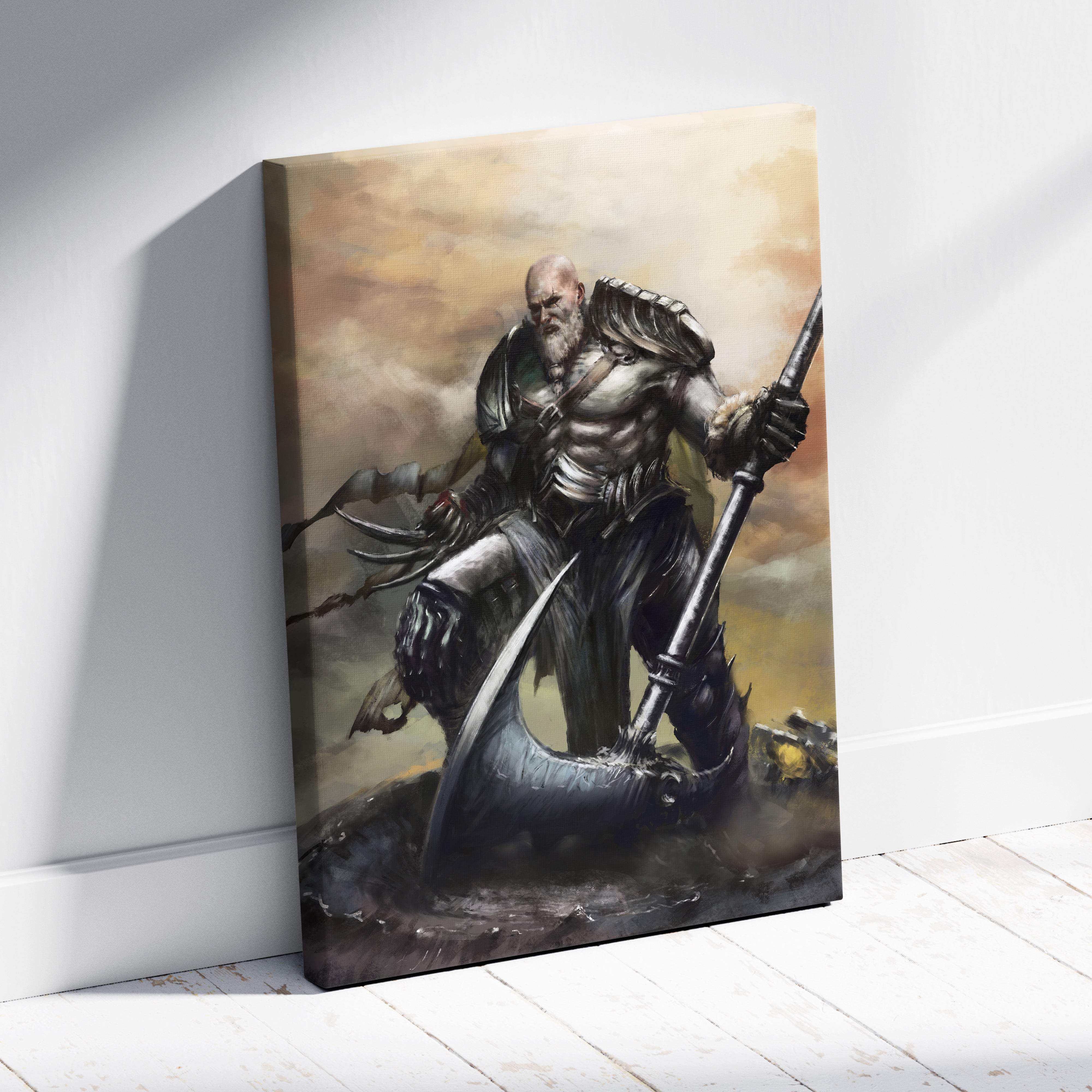 A fantasy warrior canvas print of a muscular bearded man in silver armor with axe and spear against a cloudy sky