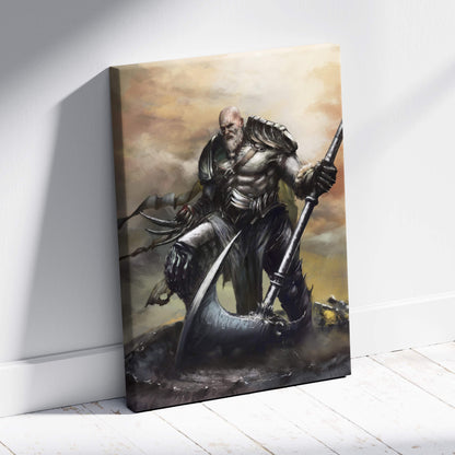 A fantasy warrior canvas print of a muscular bearded man in silver armor with axe and spear against a cloudy sky