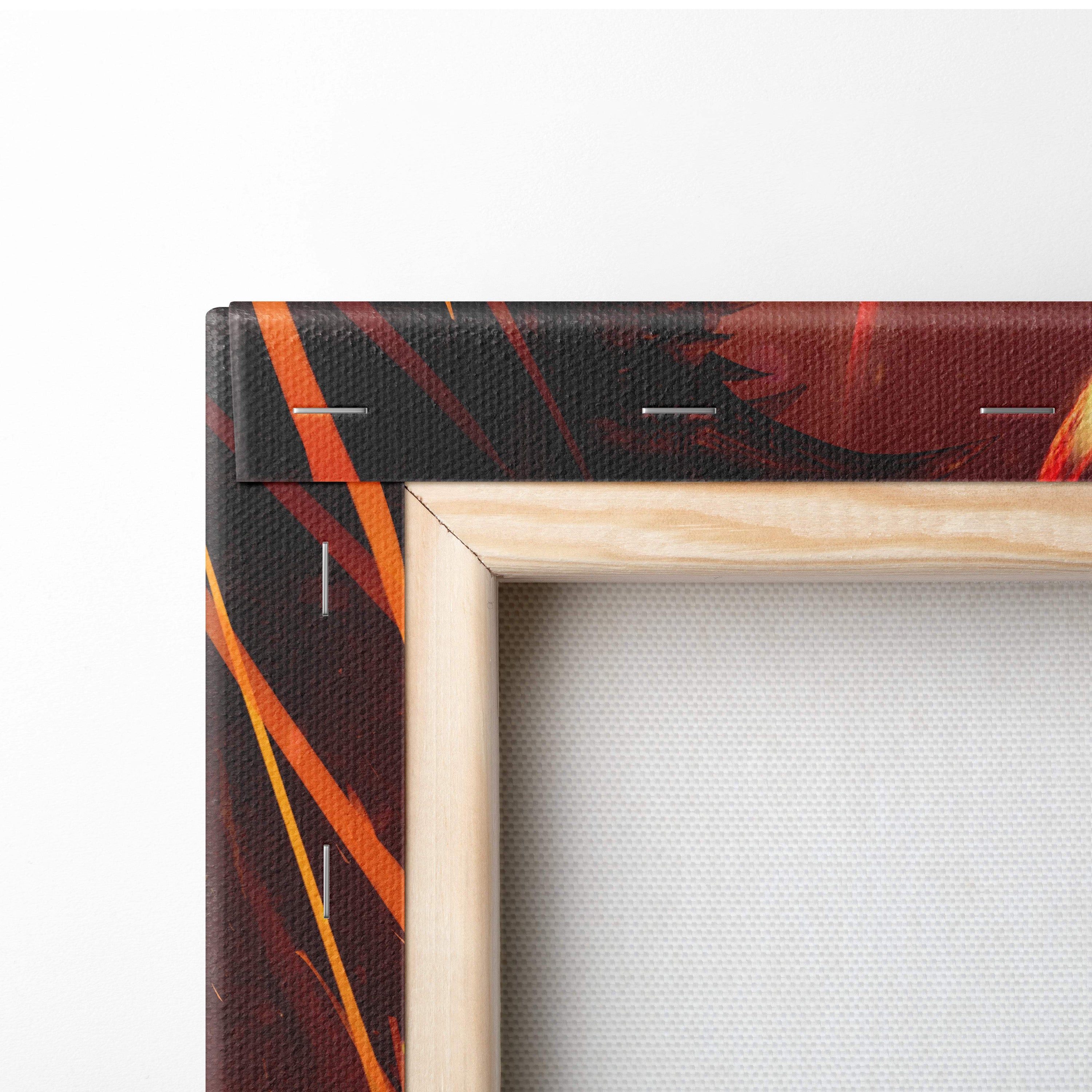 Fire dragon apocalypse canvas wall art featuring bold orange and black brushstrokes in a light wood frame