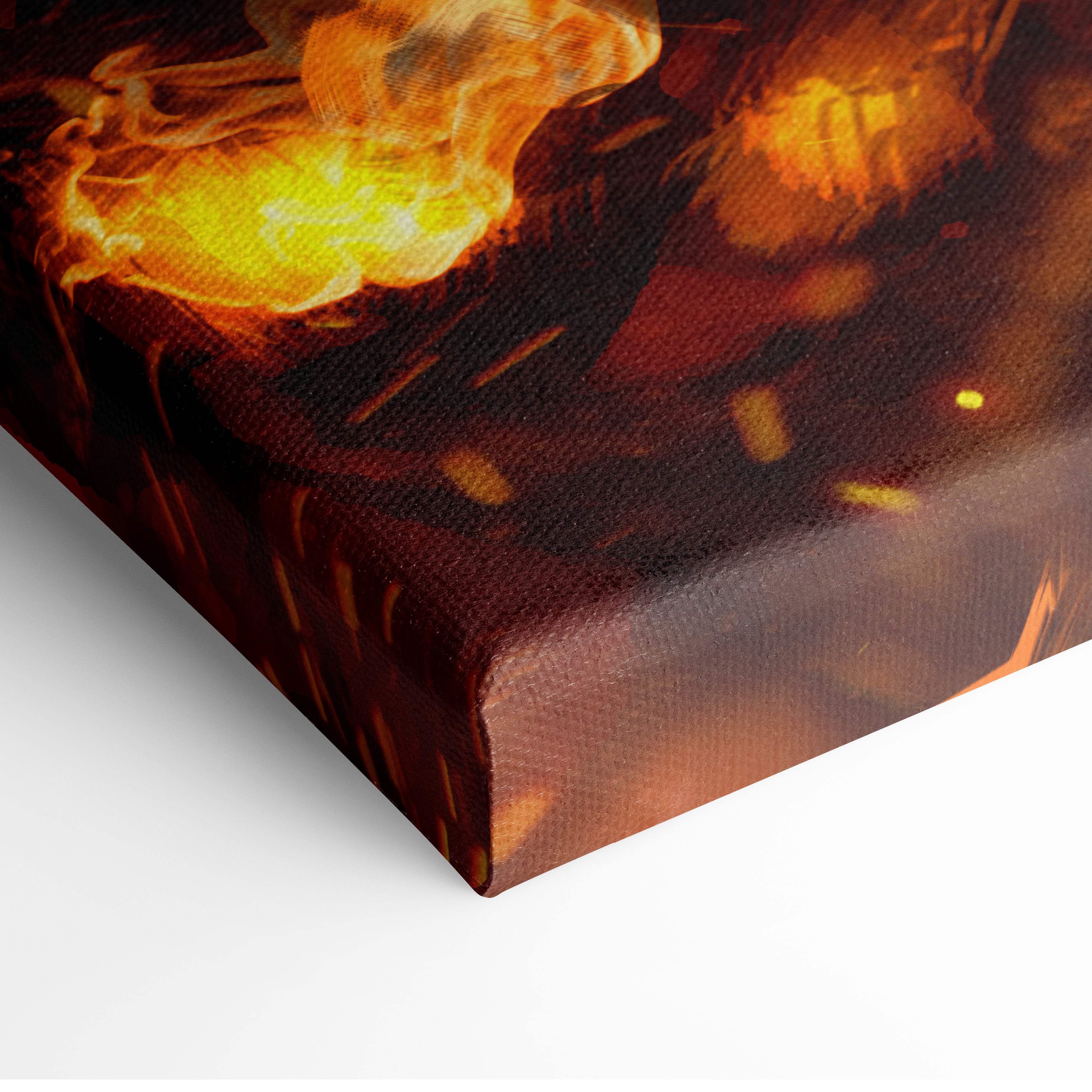 Fire dragon apocalypse canvas wall art featuring fiery red and orange flames on dark smoky battlefield background