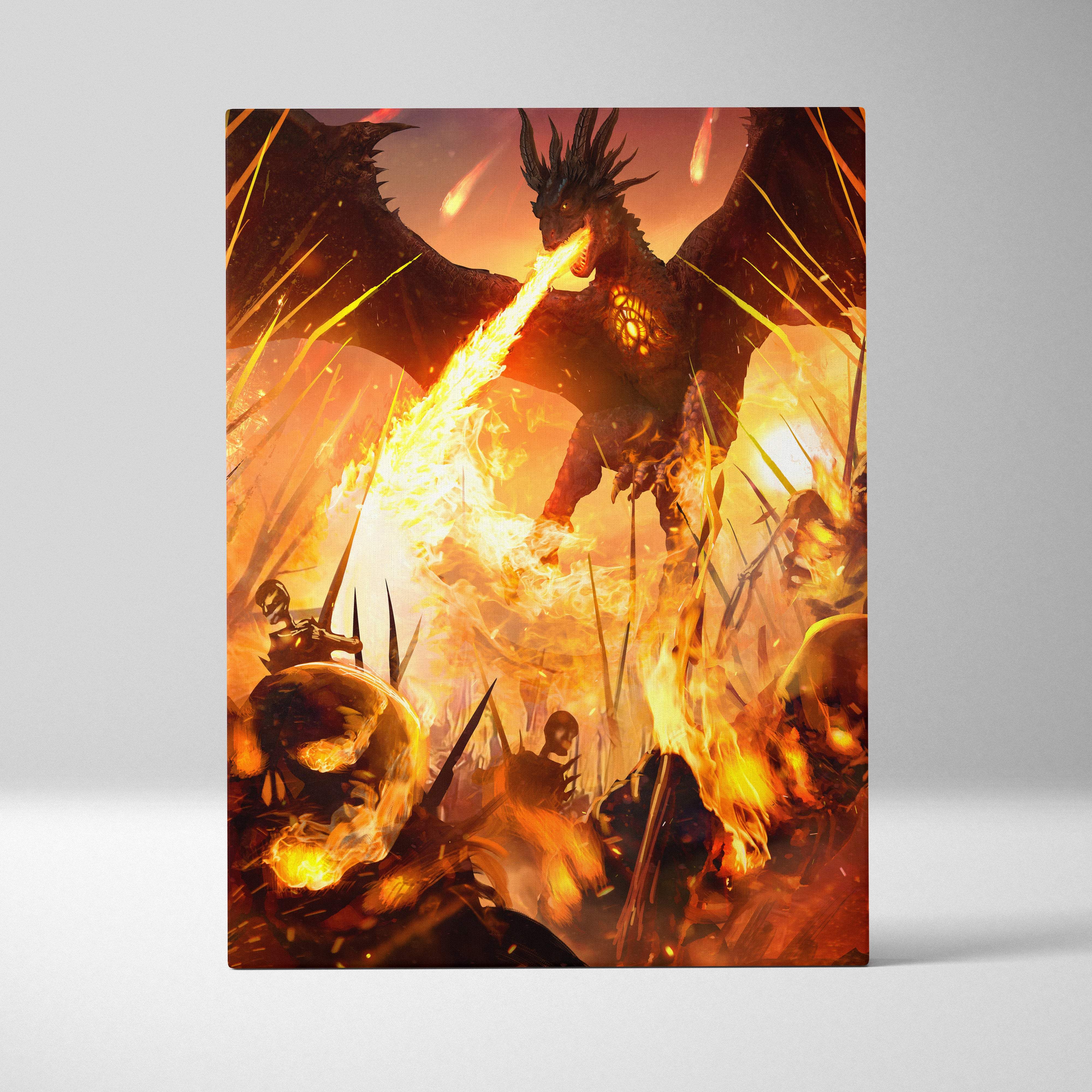 Fire dragon apocalypse canvas wall art of vibrant orange and black dragon breathing flames in a fiery battle scene