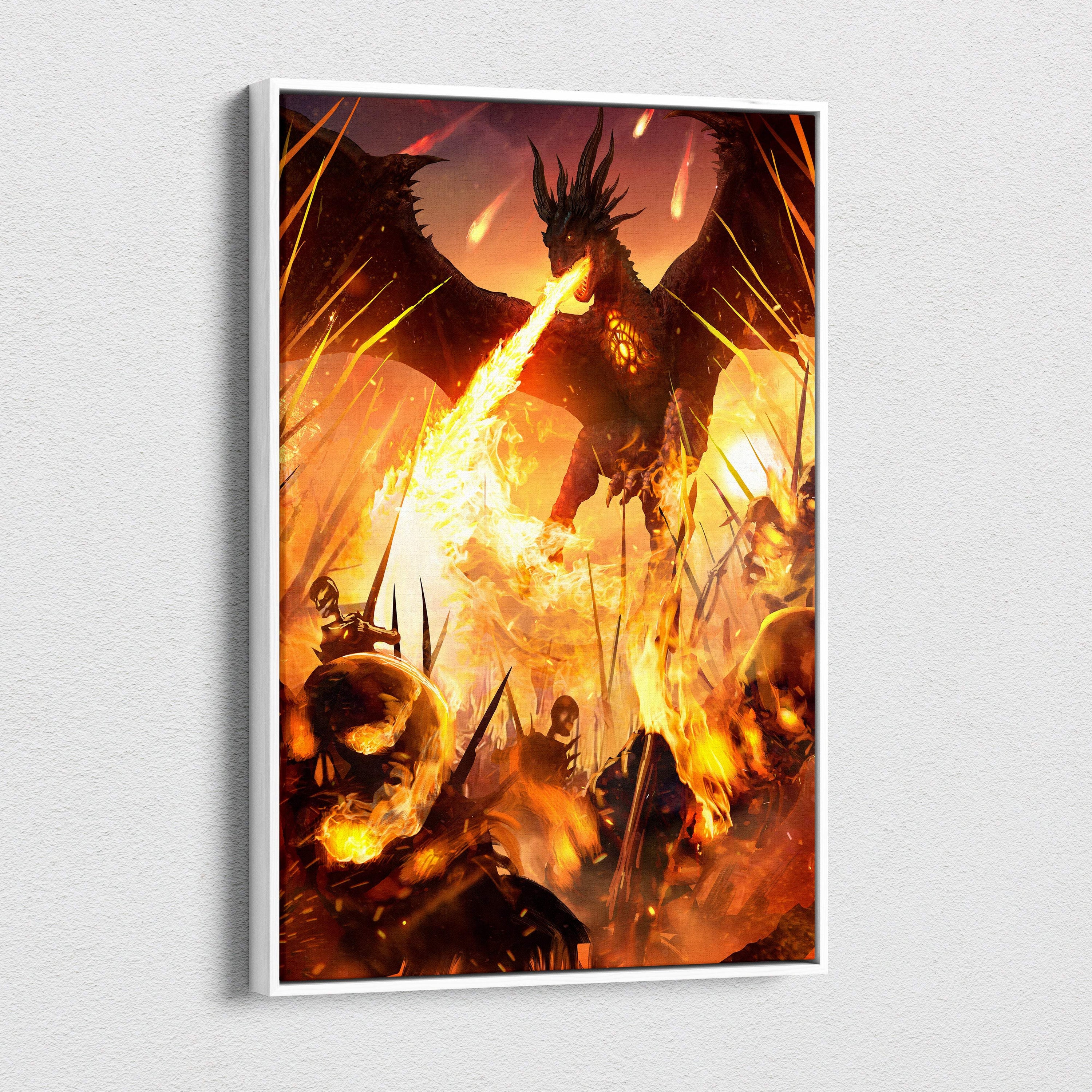 Framed fantasy canvas wall art featuring a black dragon breathing fire over a battlefield of skulls and flames