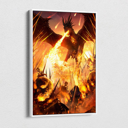 Framed fantasy canvas wall art featuring a black dragon breathing fire over a battlefield of skulls and flames