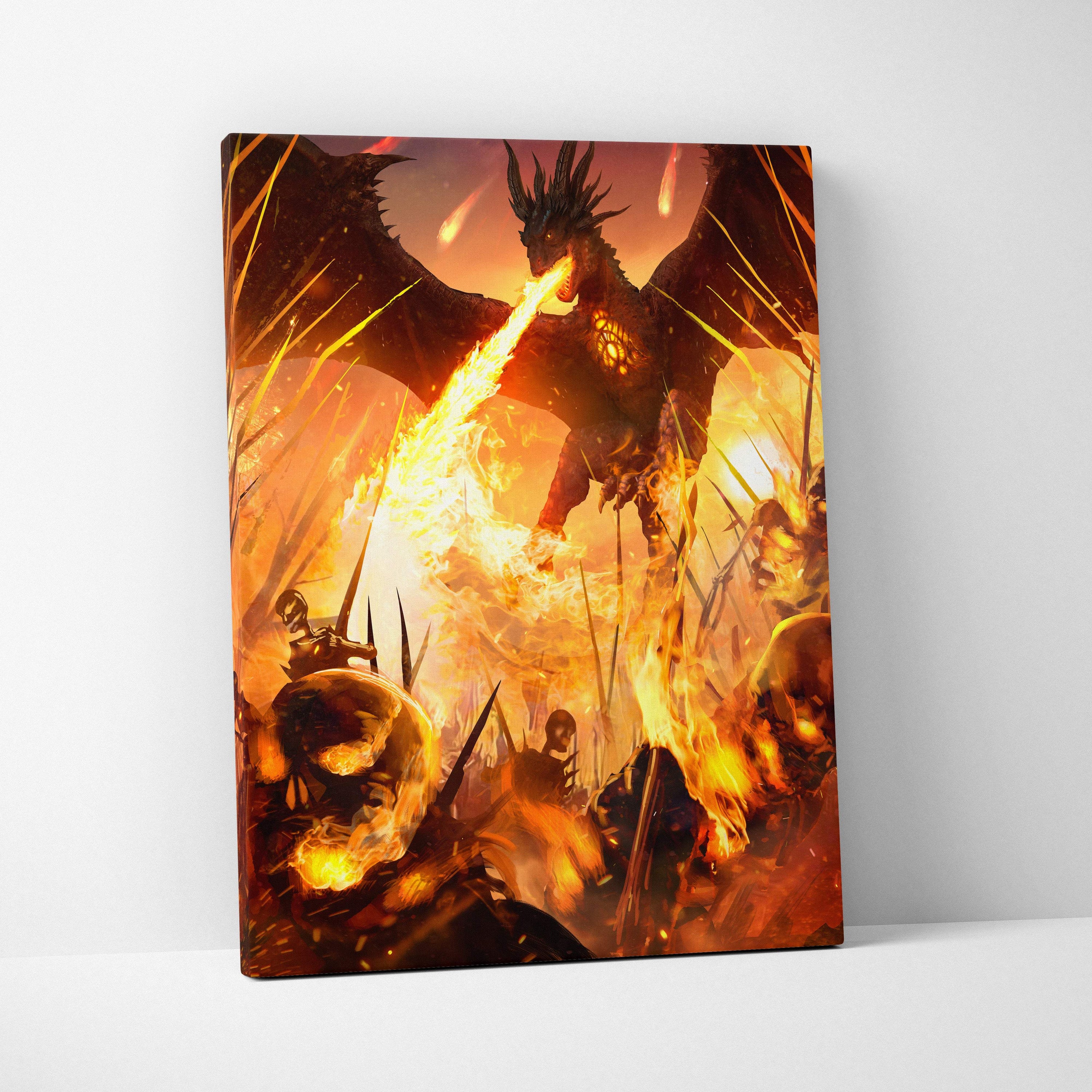 Fire dragon apocalypse canvas wall art featuring a fiery dragon breathing flames over skulls in orange red and black