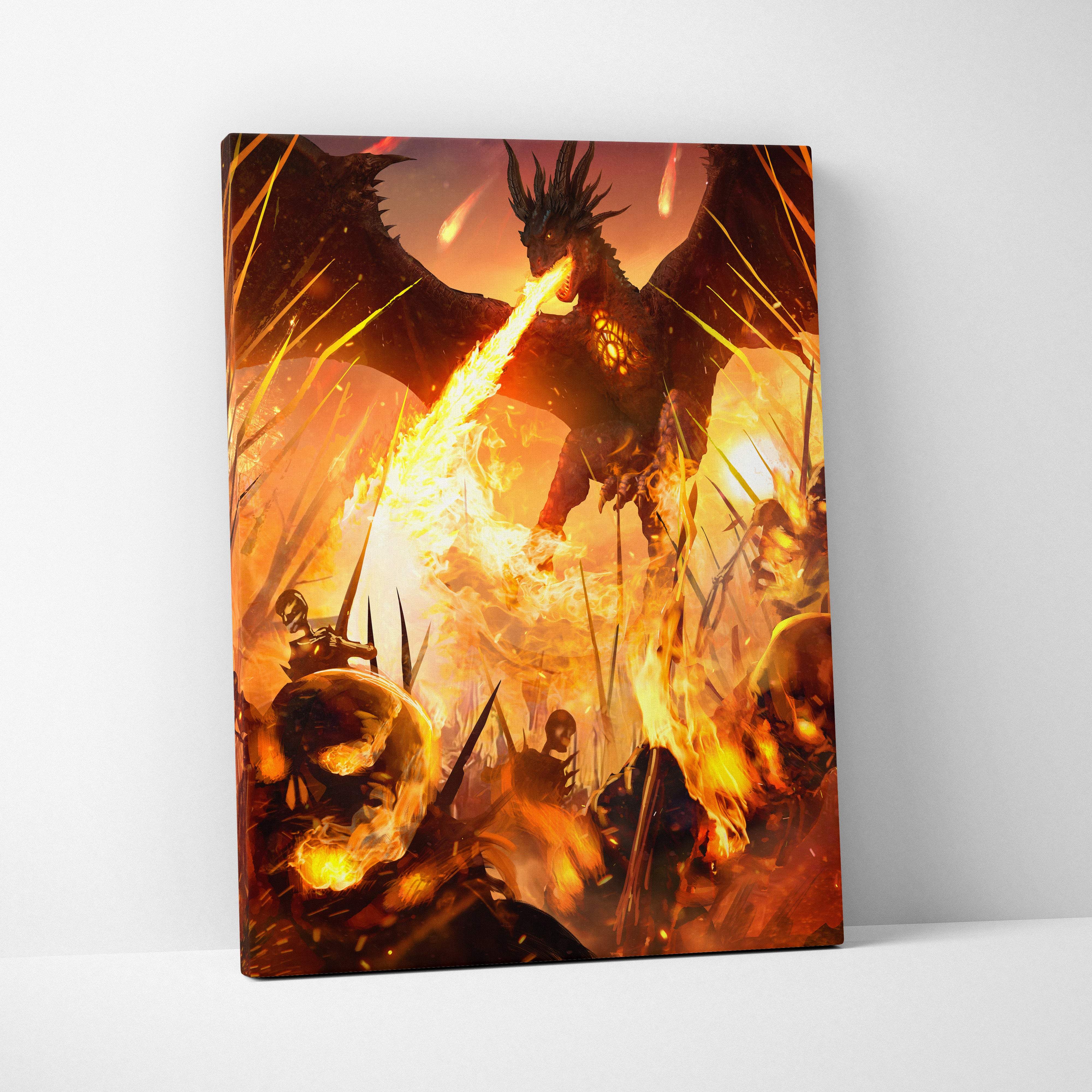 Fire dragon apocalypse canvas wall art featuring a fiery dragon breathing flames over skulls in orange red and black