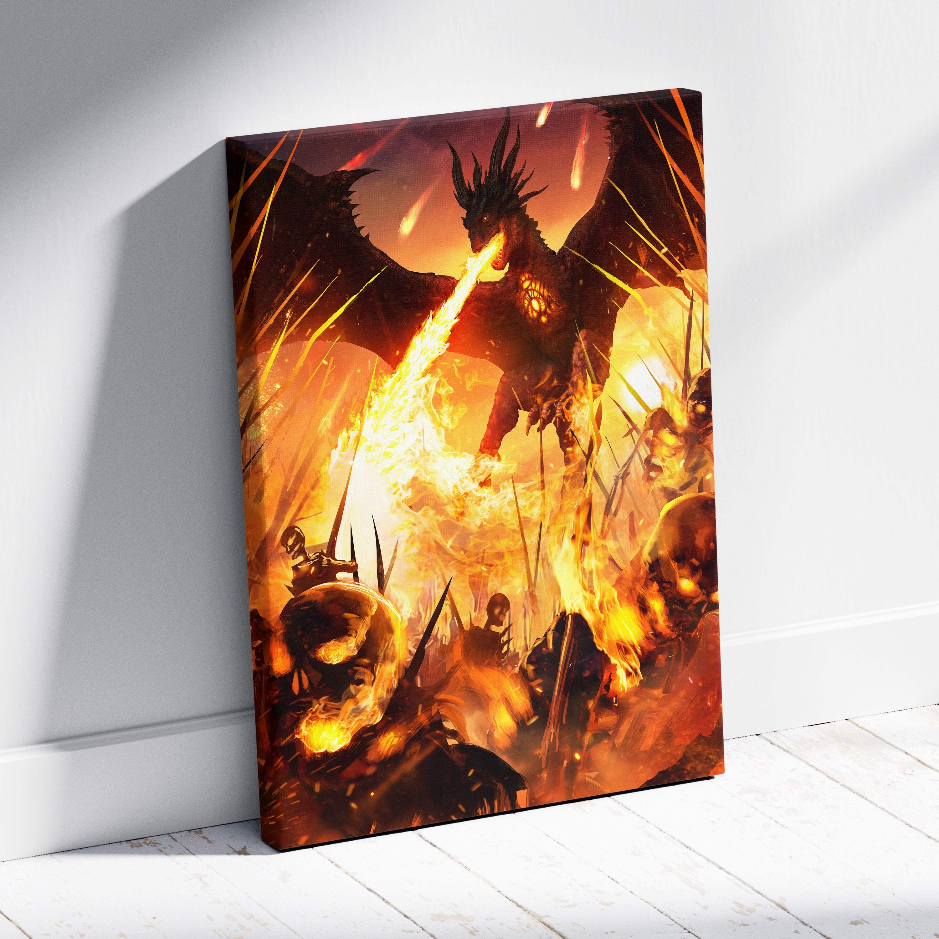 Fire dragon apocalypse canvas wall art showing vibrant orange and black dragon breathing fire over burning battlefield