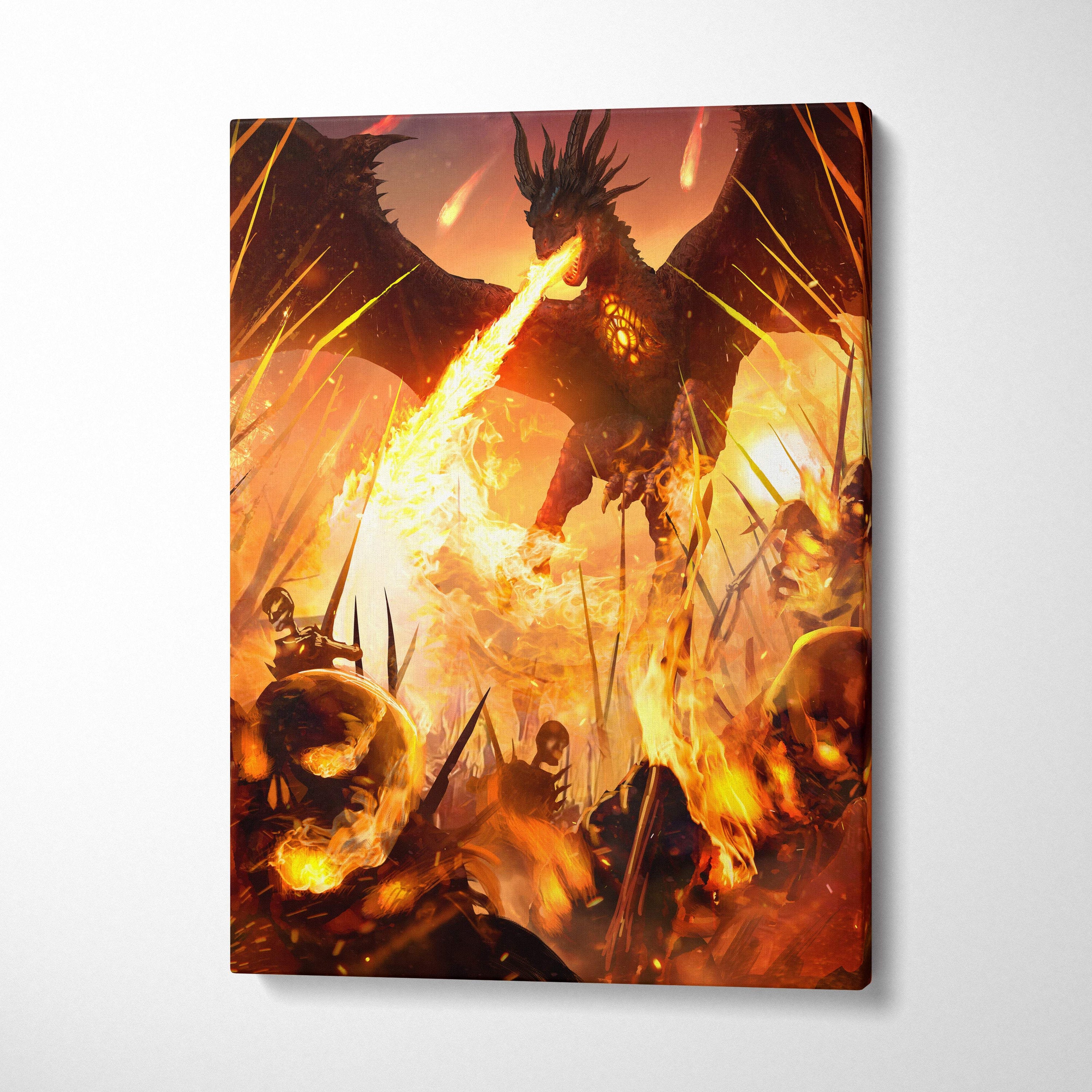 Fiery black dragon breathing orange flames over skull-filled battlefield on rectangular canvas wall art print
