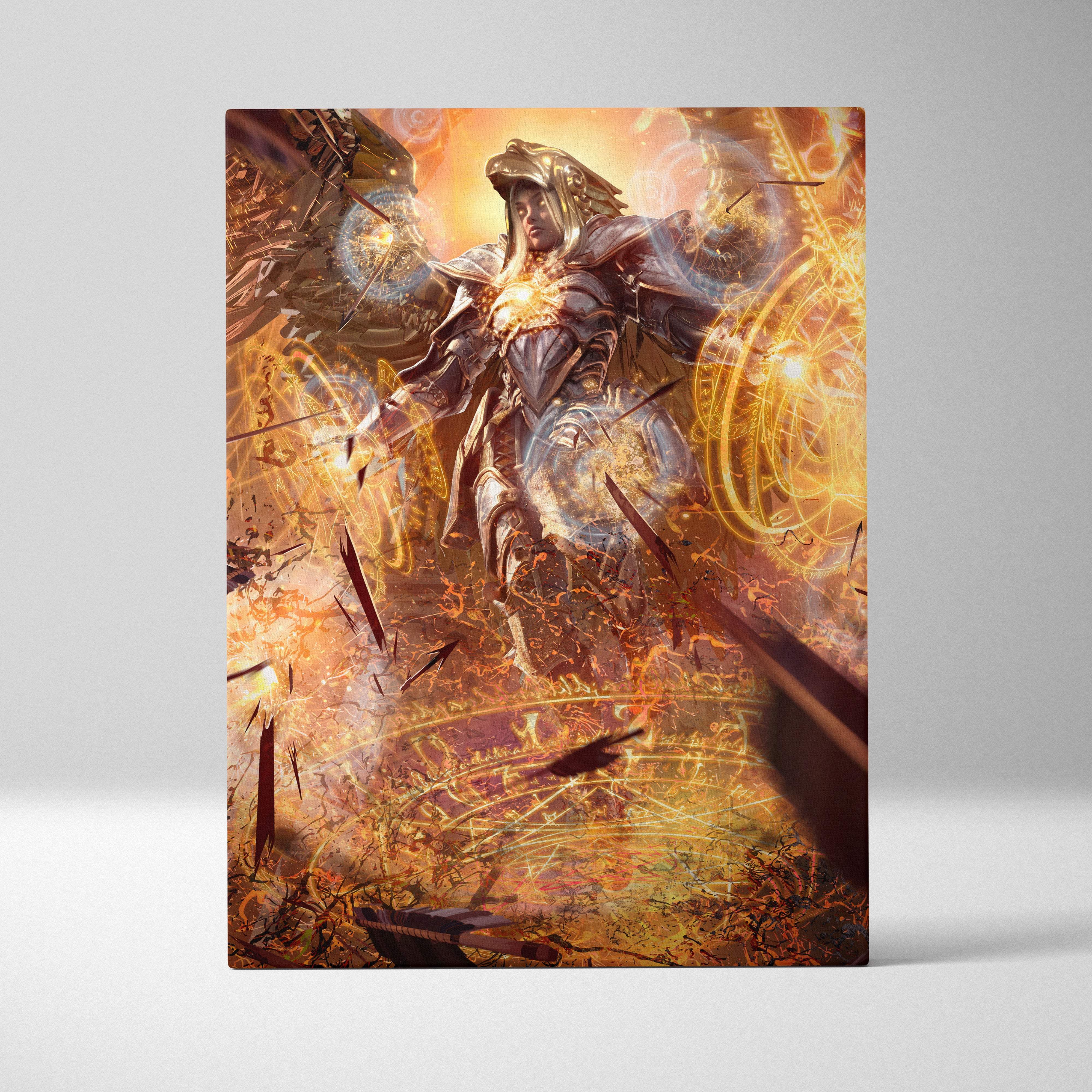 Golden-hued celestial archangel warrior canvas print featuring intricate armor and glowing magical energy