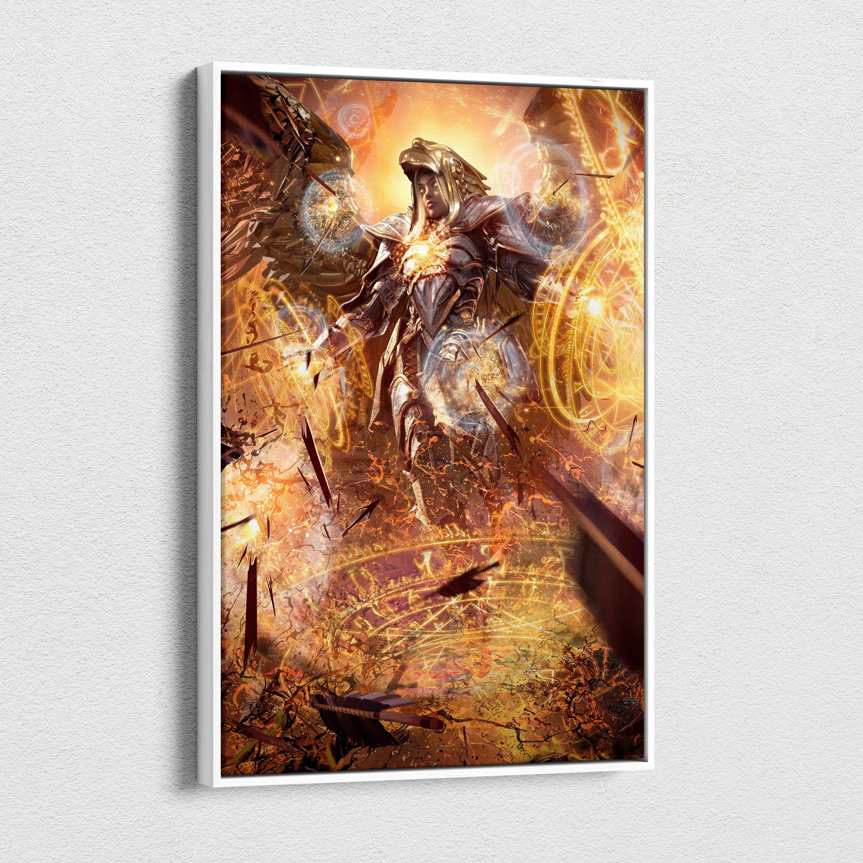Celestial Archangel Warrior Canvas Wall Art – Radiant Golden Angel with Wings, Divine Magic Circles, Epic Fantasy Battle Scene, Heavenly Light Cinematic Art Print
